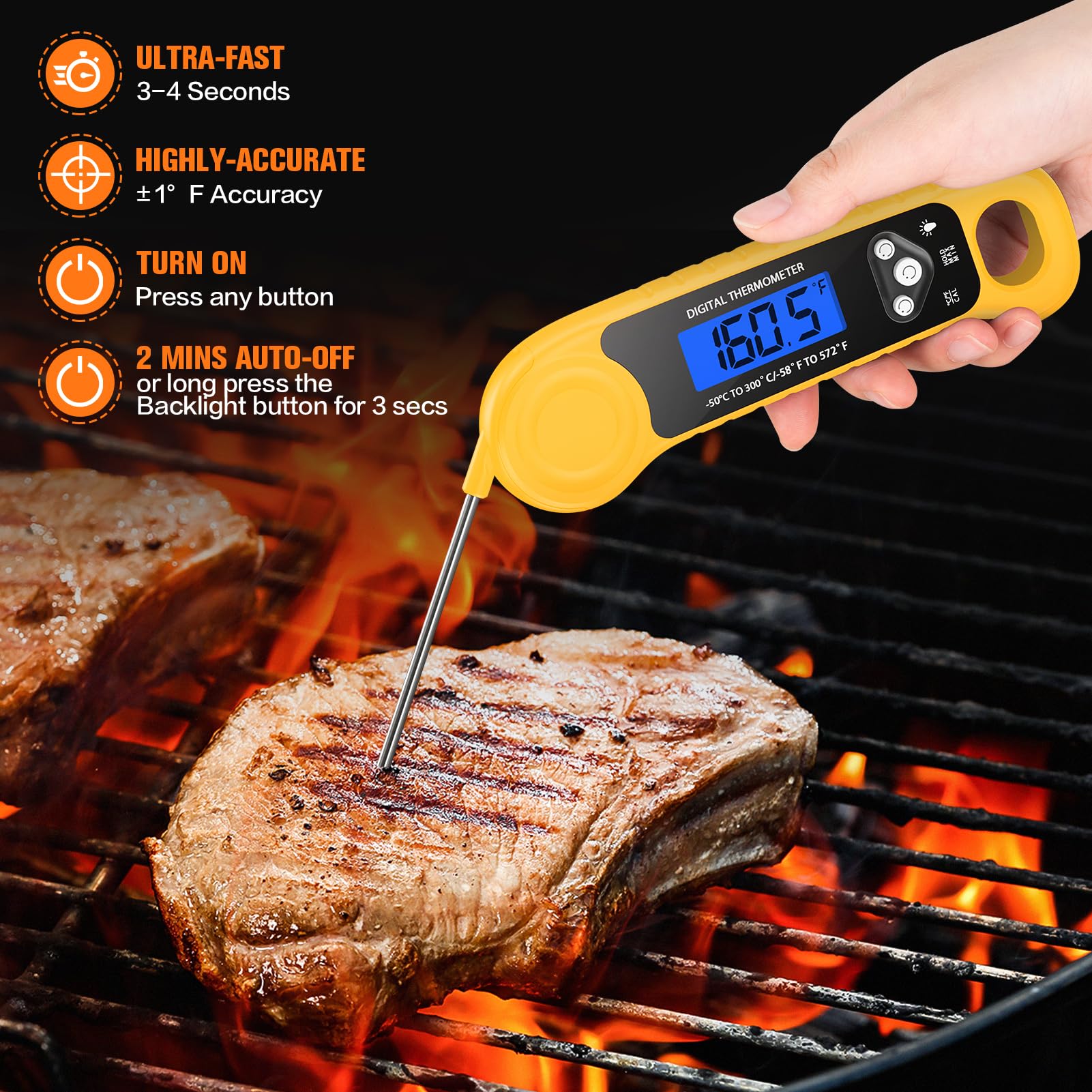 Digital Meat Thermometer with Instant Read - Waterproof Cooking Thermometer with Backlight for BBQ, Grill, Smoker, Roast & Deep Frying - Perfect for Kitchen, Outdoor Cooking & Food Safety (Yellow)