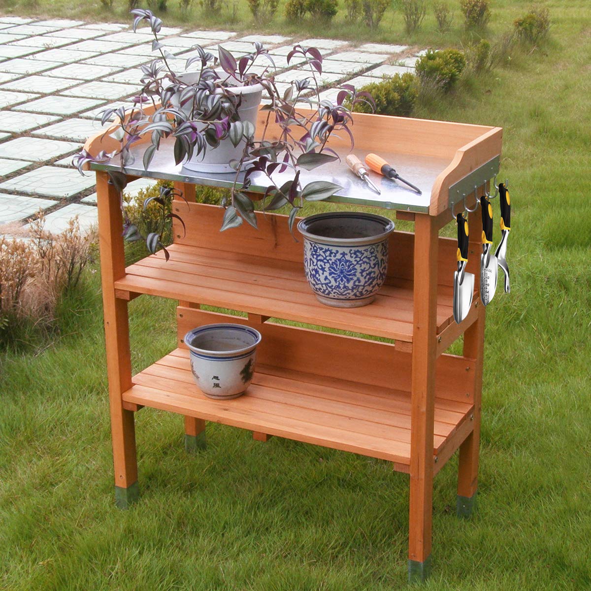 SAFSTAR Fir Wood & Metal Potting Bench with Open Shelves & Hanging Hooks - Heavy Duty Garden Workstation for Planting, Transplanting, and Outdoor Gardening - Perfect for Backyard, Balcony, and Greenhouse Use