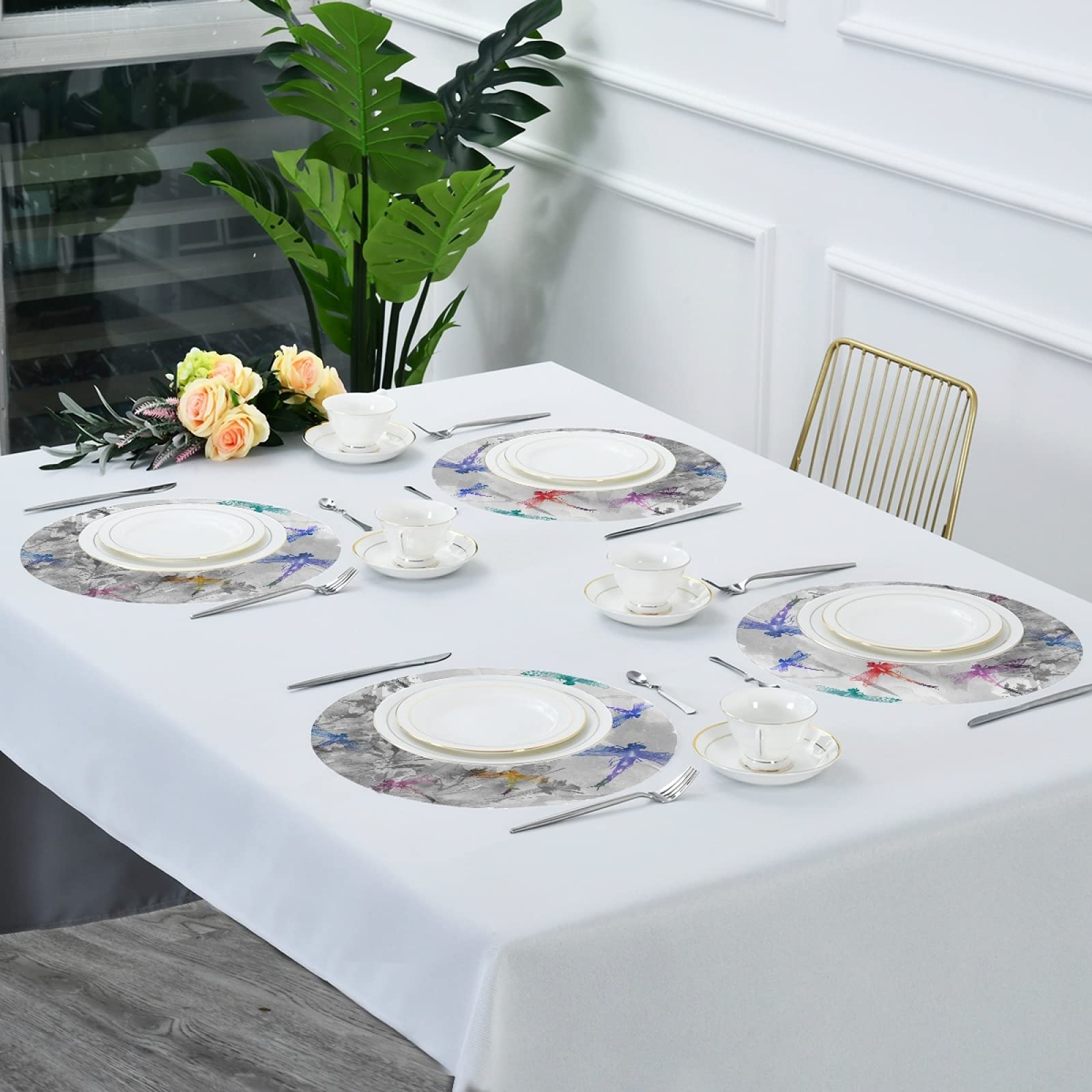 Premium Round Placemats Set of 6 - Washable Polyester Table Mats with Elegant Ink Flower & Dragonfly Design - Perfect for Dining Tables, Kitchen Decor, and Special Occasions