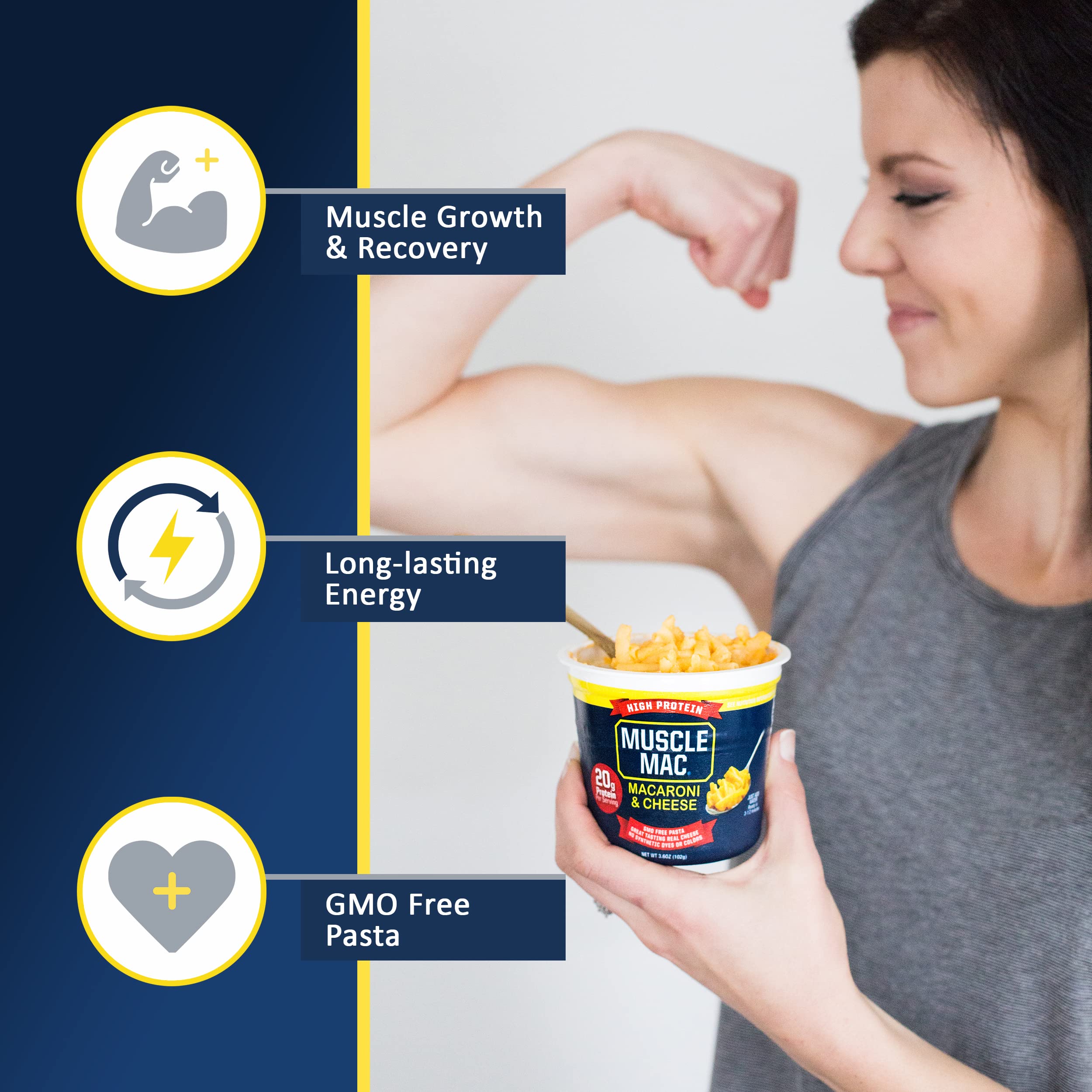 Muscle Mac | High-Protein Macaroni and Cheese Microwave Cups - 20g Protein per Serving, Real Cheese, Non-GMO (12 Pack) - Perfect for Gym Recovery, Quick Meals & College Dorm Snacks