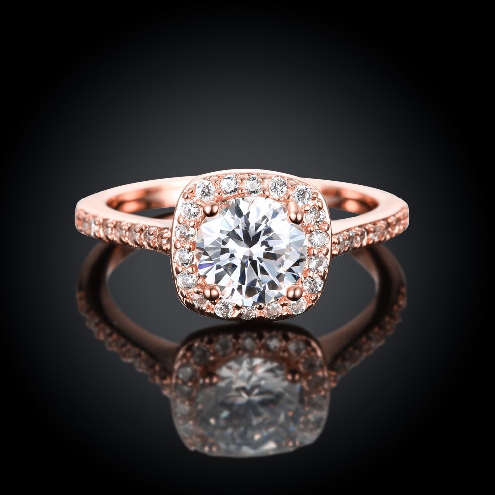 18K Rose Gold Plated Crystal Halo Engagement Ring for Women - Elegant Pave Band Wedding Jewelry (Rose Gold, Size 9) | Perfect for Proposals, Anniversaries & Special Occasions