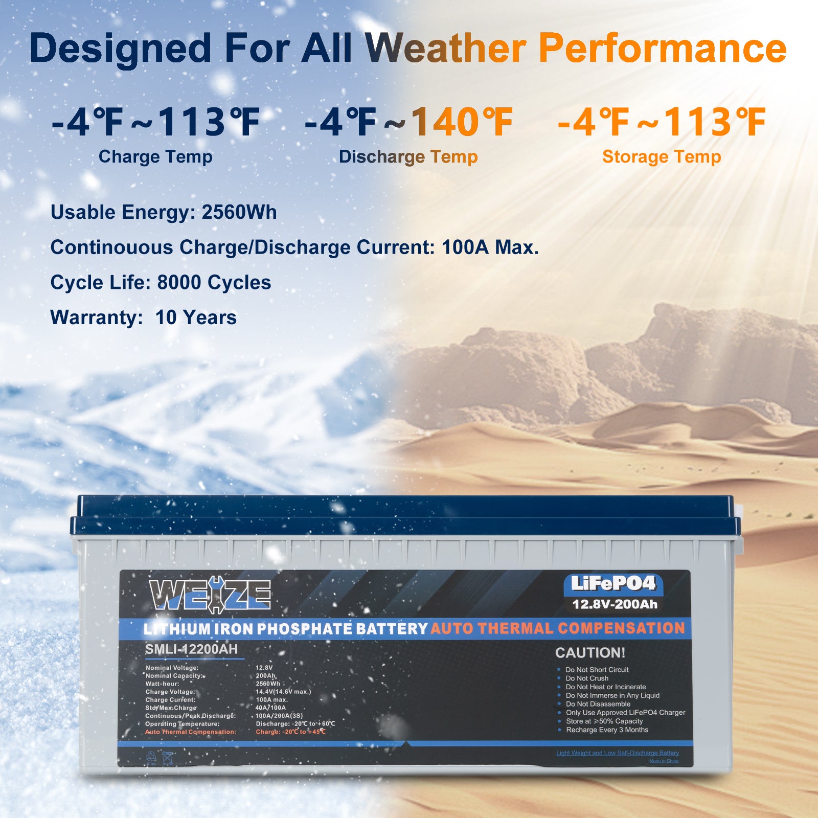 WEIZE 12V 200Ah 2560Wh LiFePO4 Lithium Battery with Self Heating - Deep Cycle Battery for RV, Solar Power, Marine, Off-Grid & Backup Power Systems