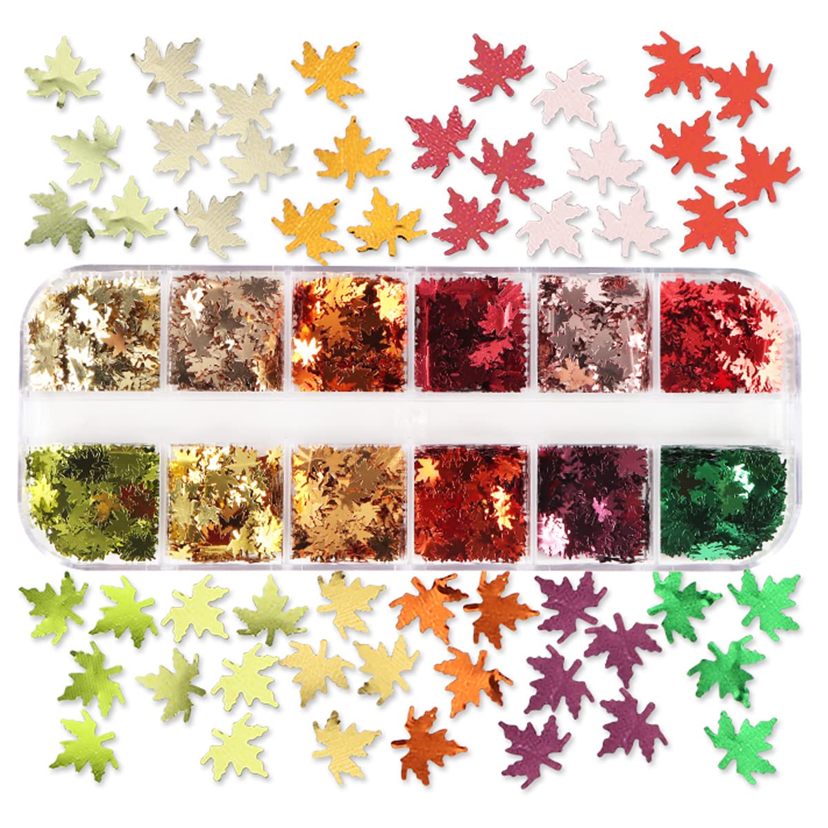 3D Maple Leaf Nail Glitter Sequins - 12 Grids Fall Nail Art Stickers (Holographic Laser Red/Gold/Yellow/Orange) - Autumn Thanksgiving Nail Decorations for DIY Manicure, Halloween & Holiday Parties