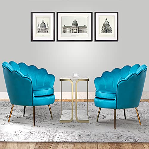 2 Modern Velvet Accent Chairs with Golden Metal Legs - Living Room, Bedroom & Makeup Chair Set - Soft Azure Blue Upholstery - Perfect for Home Decor, Guest Seating & Vanity Areas