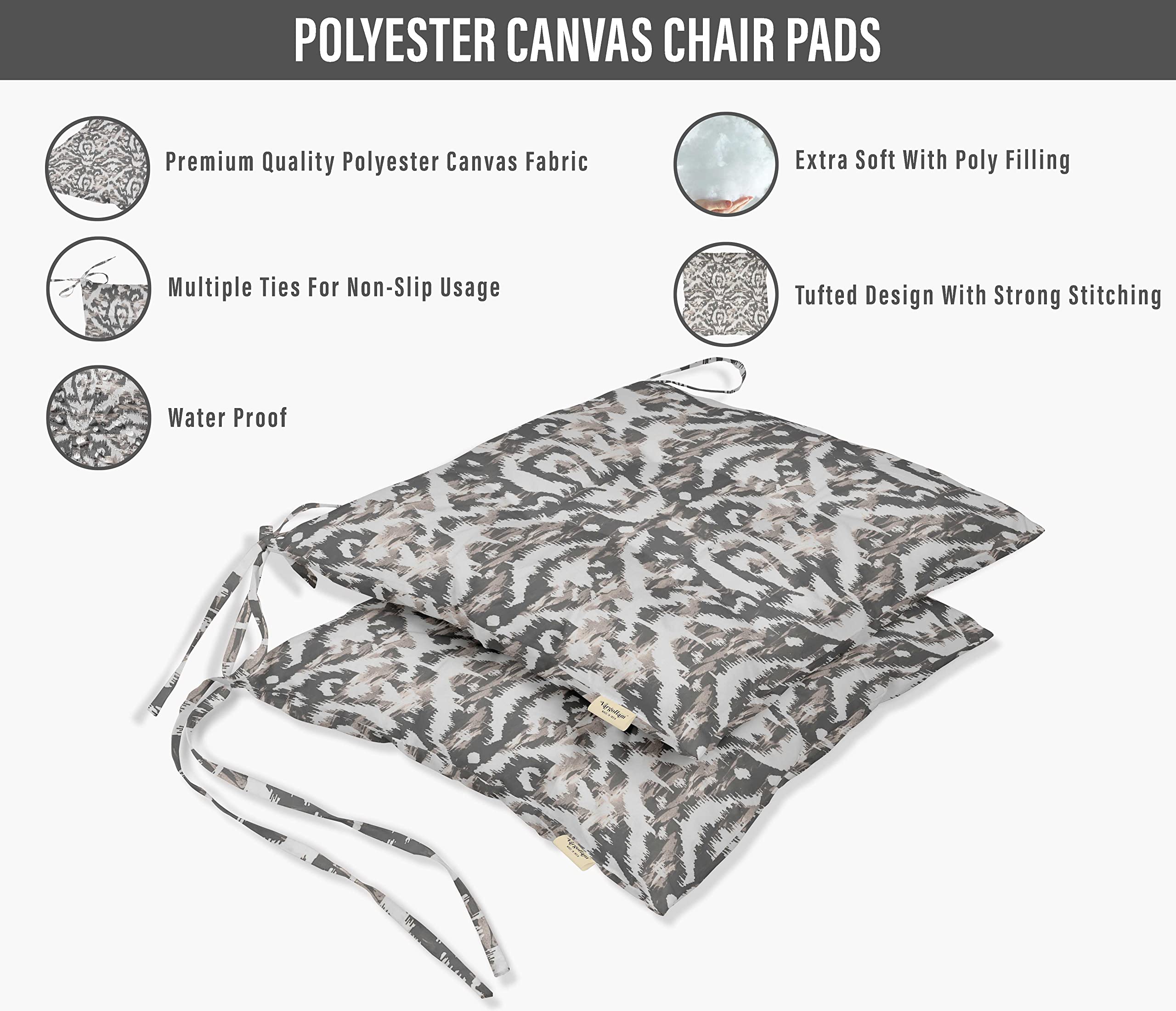 Premium Water-Resistant Tufted Square Patio Cushion Set of 2 - Indoor/Outdoor Furniture Seat Cushions 19x19 Inches, Stylish Gray Ikat Print - Perfect for Garden, Deck, Poolside & Outdoor Lounge Chairs