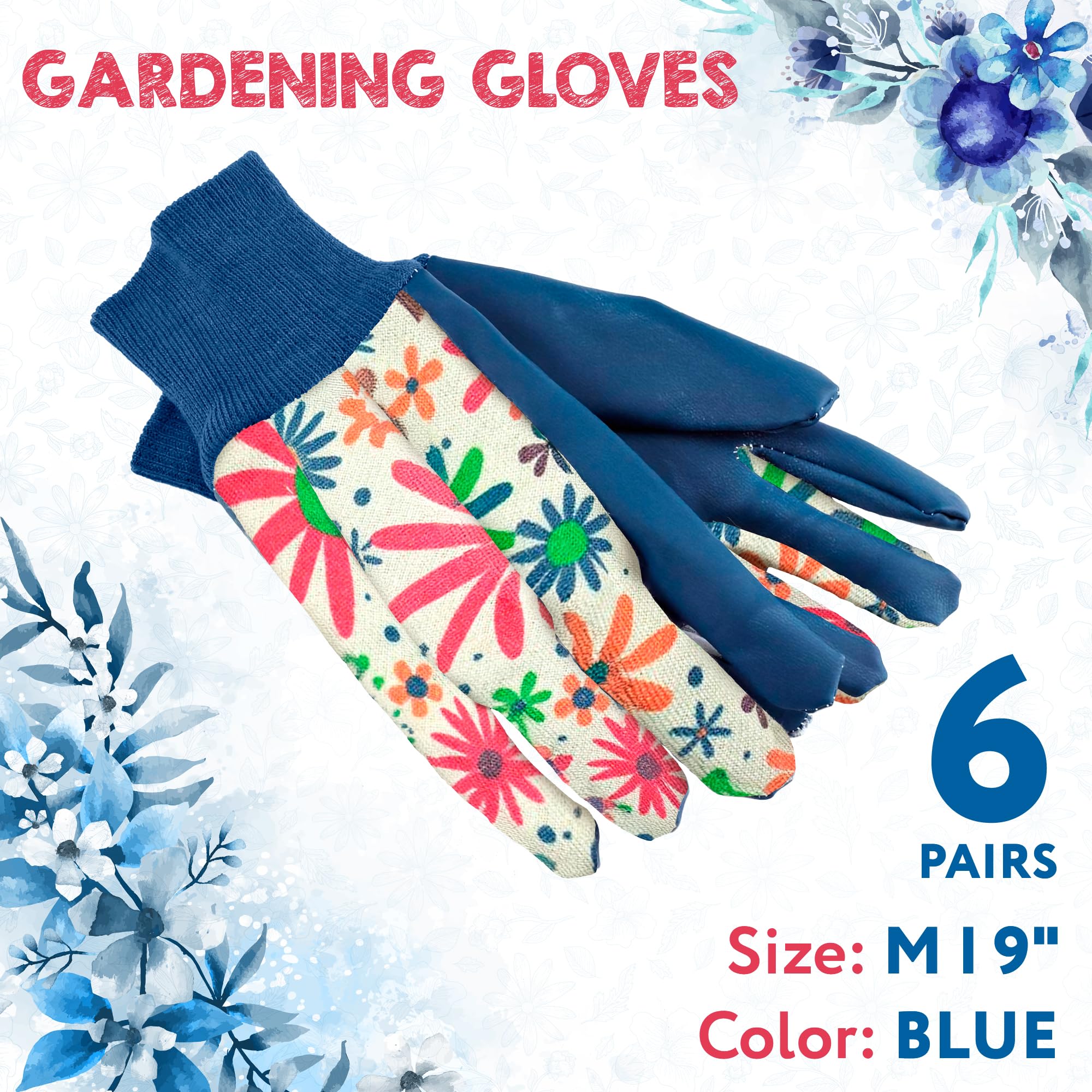 Floral Gardening Gloves for Women - 6 Pairs Cotton Work Gloves with Knit Wrist, 9 Inch - Perfect for Planting, Weeding & Outdoor Yard Work - Great Gardening Gifts for Mom, Wife & Her