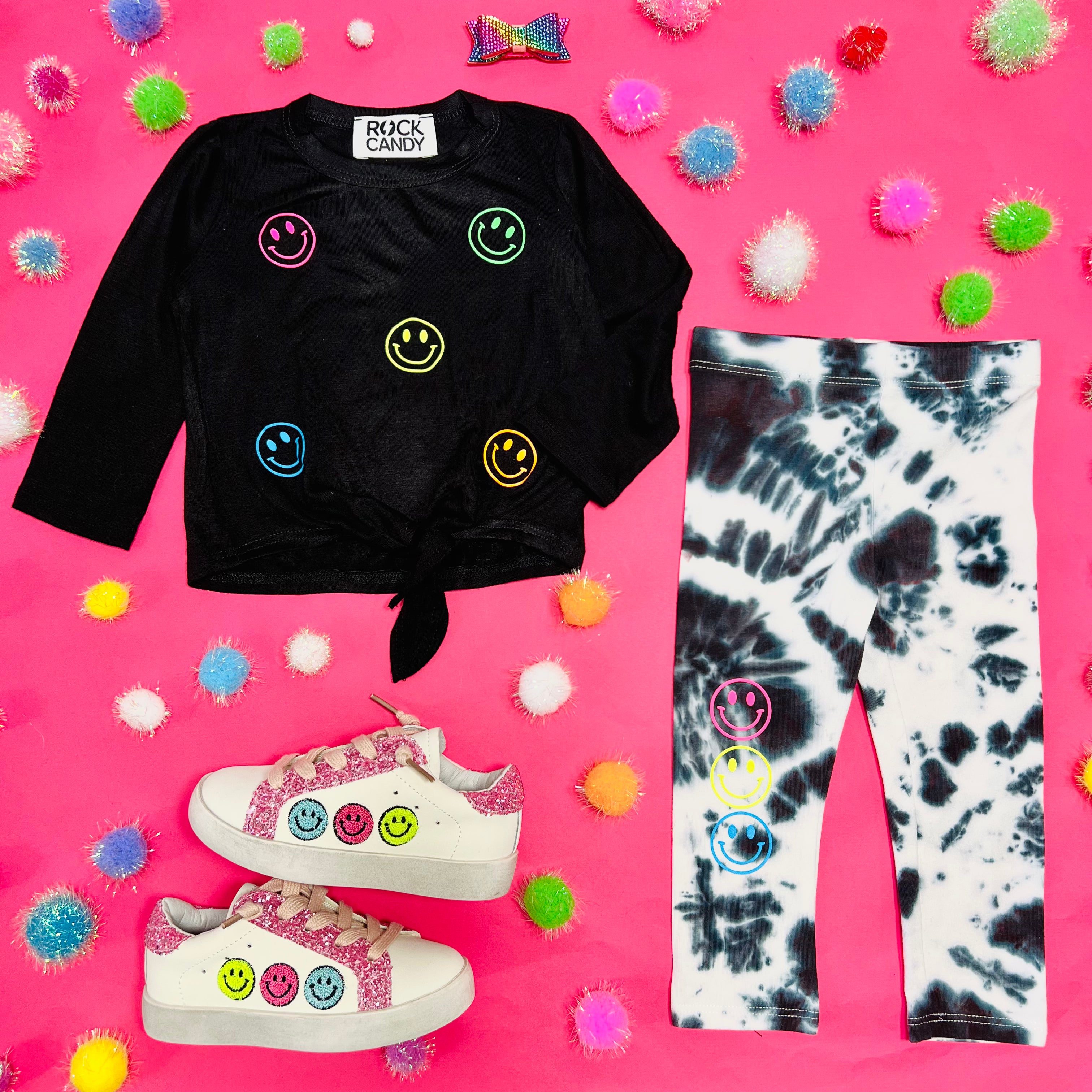 Trendy Neon Smiley Face Long Sleeve Top & Tie Dye Leggings Set | Women's Matching Outfit for Yoga, Gym, Streetwear & Festival Fashion