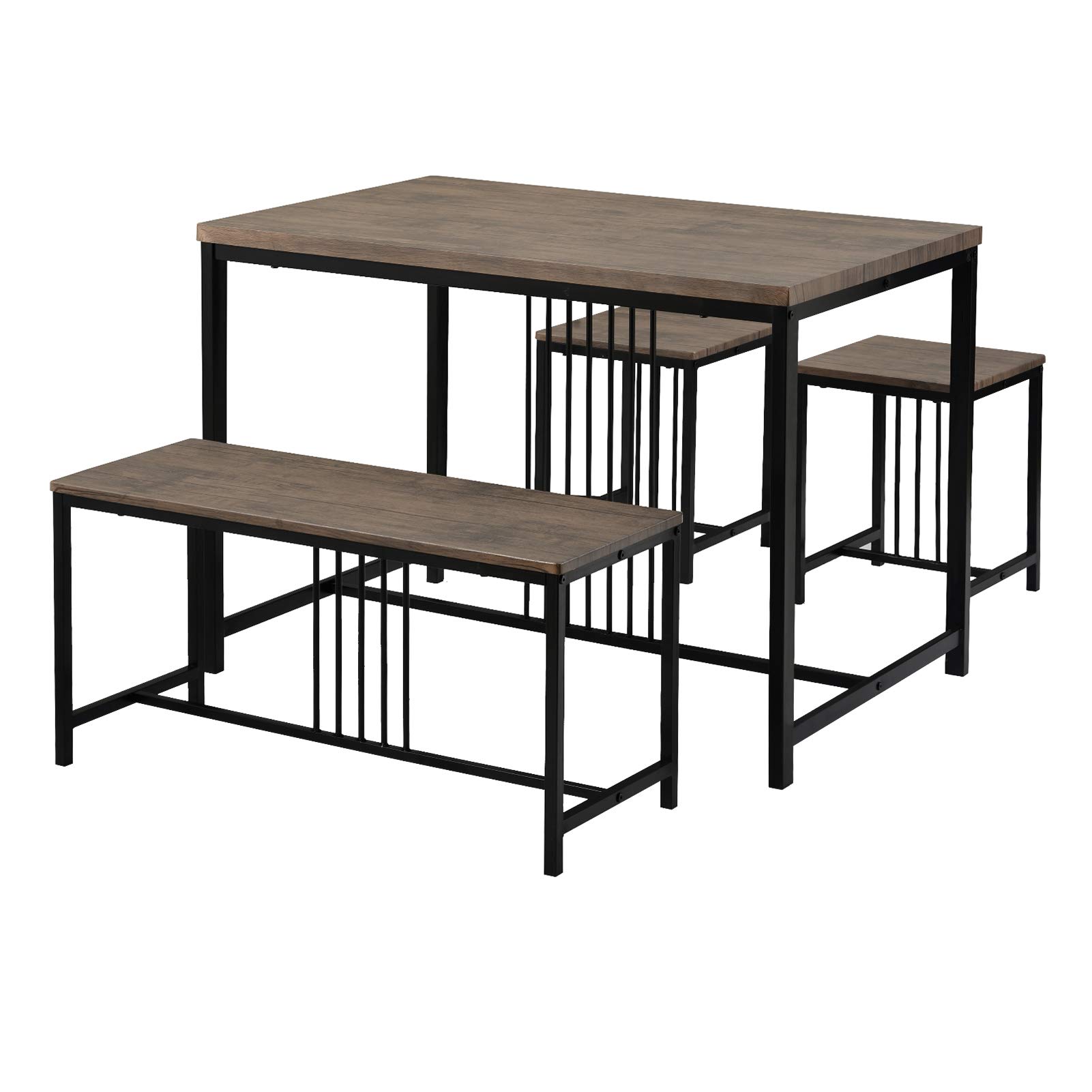 JENPECH 4-Piece Wooden Dining Set with Metal Frame - Kitchen Table & 2 Chairs + Bench - Rustic Farmhouse Dining Room Furniture for Small Spaces | Perfect for Breakfast Nooks, Apartments, and Cozy Kitchens