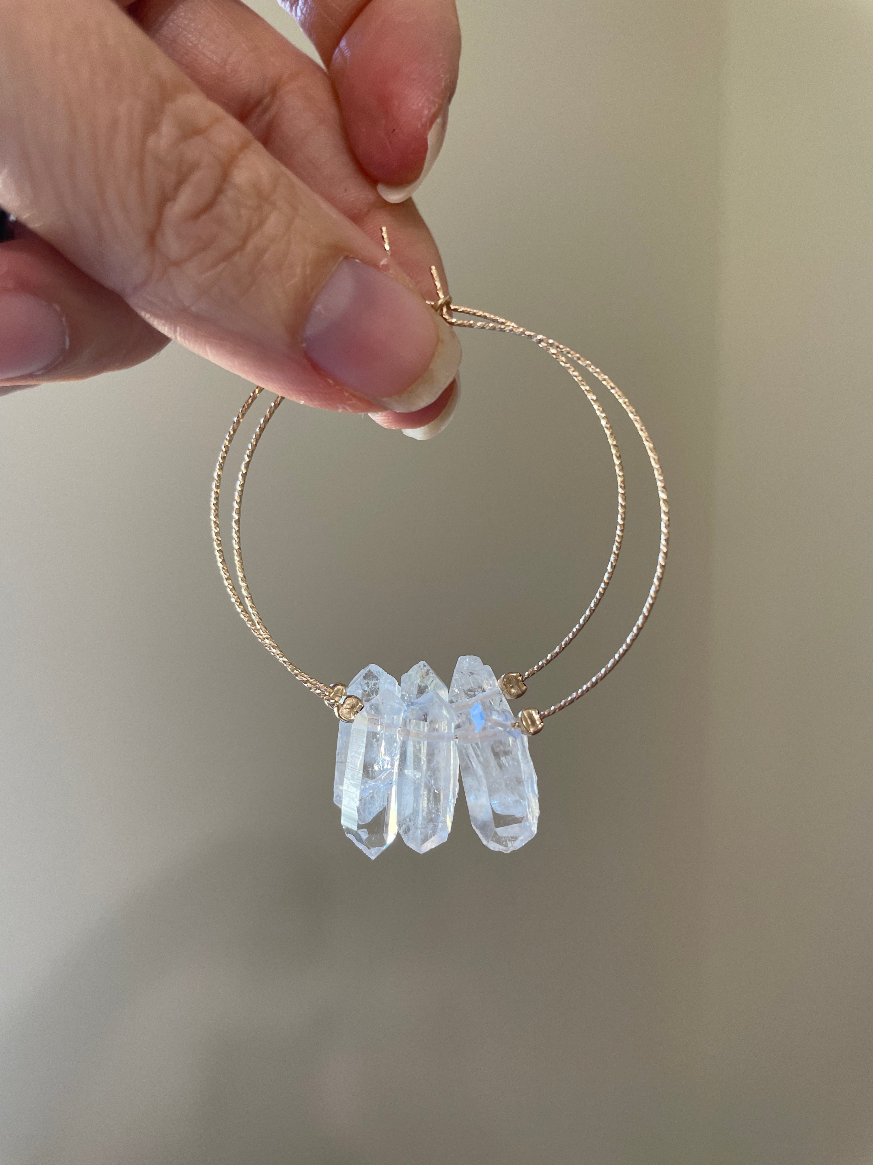 Stylish Thin Clear Quartz Boho Hoop Earrings - Minimalist Crystal Jewelry for Women - Perfect for Boho Chic, Festival, and Everyday Wear