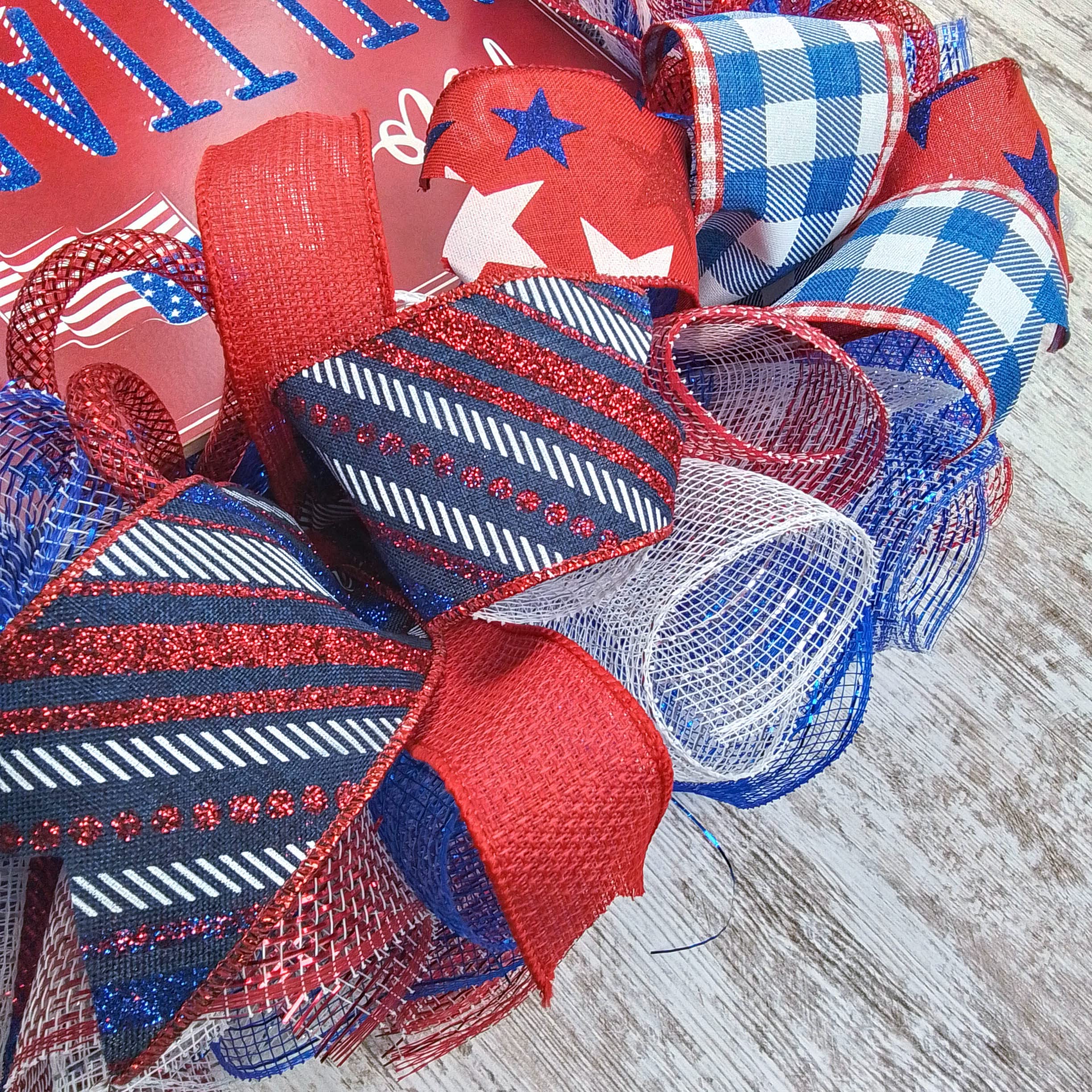 4th of July Wreath - Patriotic Red White & Blue American Flag Wreath for Front Door - Military Family Home Decor for Independence Day, Memorial Day & Veterans Day Celebrations
