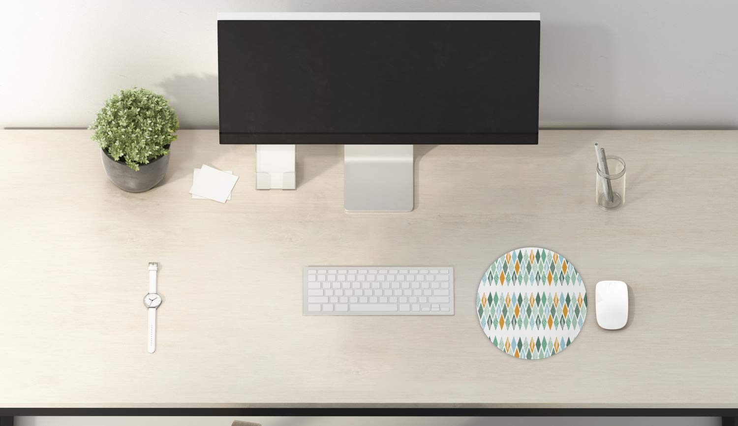 Ambesonne Geometric Mouse Pad for Computers & Gaming - Modern Abstract Rhombus Feather Design, Non-Slip Thick Rubber Base, 8 Inch Round Mousepad in Sea Green, Orange & White - Perfect for Office, Home & Gaming Setup