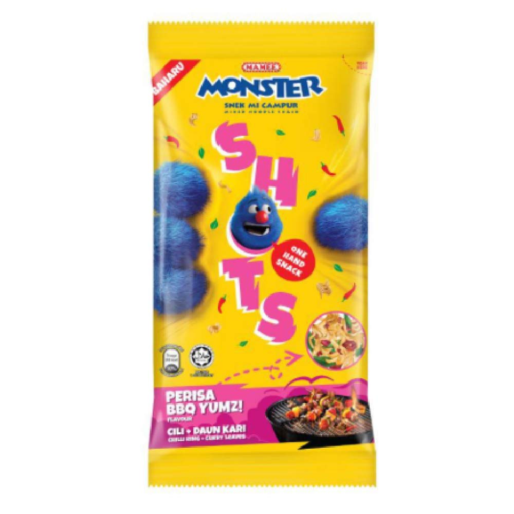 Mamee Monster Shots Instant Noodles Snacks - BBQ Flavor 40g (12 Pack) | Spicy Korean Ramen for Kids Lunch, School Snacks & Party Favors