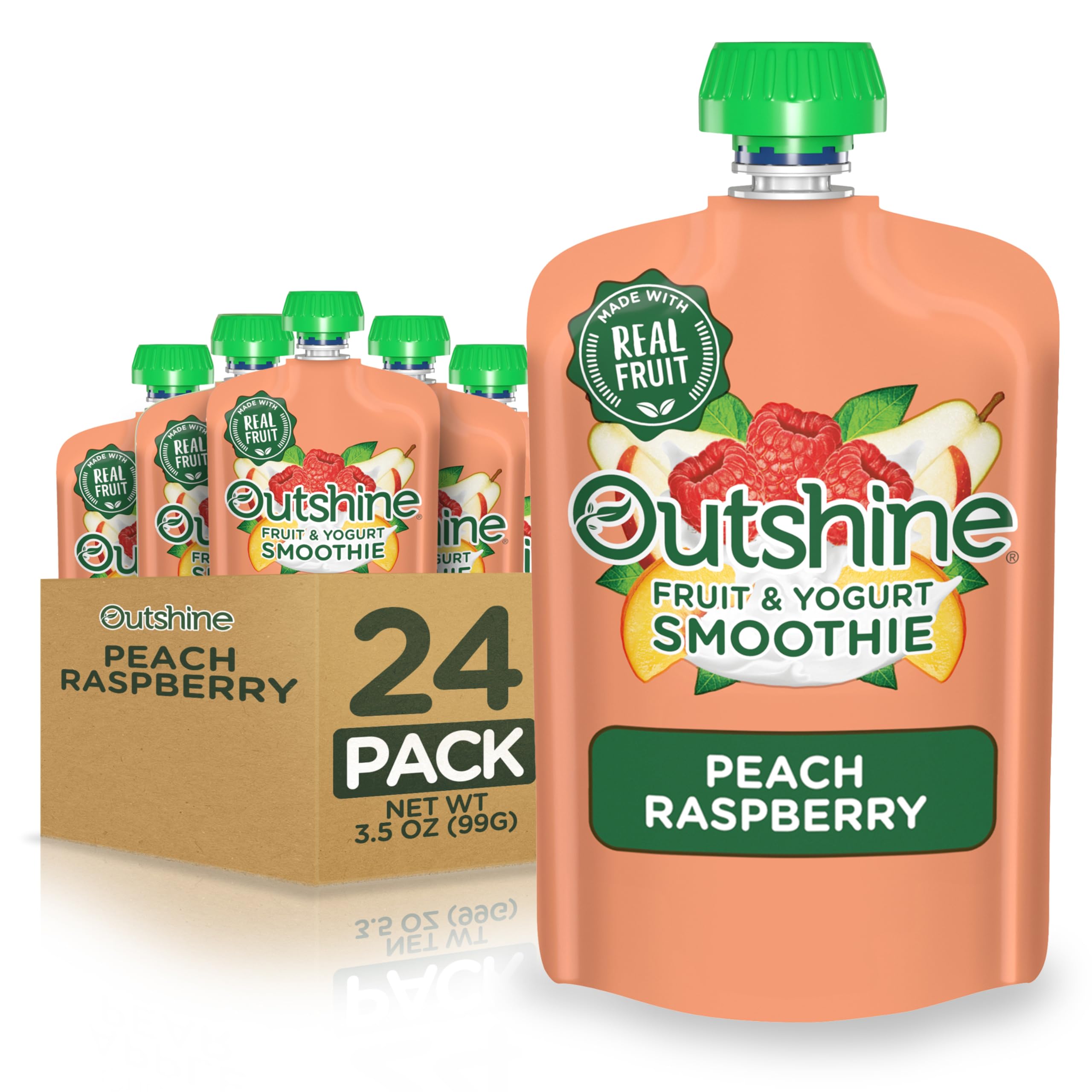 Outshine Fruit & Yogurt Smoothie Peach Raspberry - 24 Pack of 3.5oz Healthy Snack Pouches | On-The-Go Breakfast, Lunchbox Treat & Kids Snack | No Artificial Flavors, Gluten Free