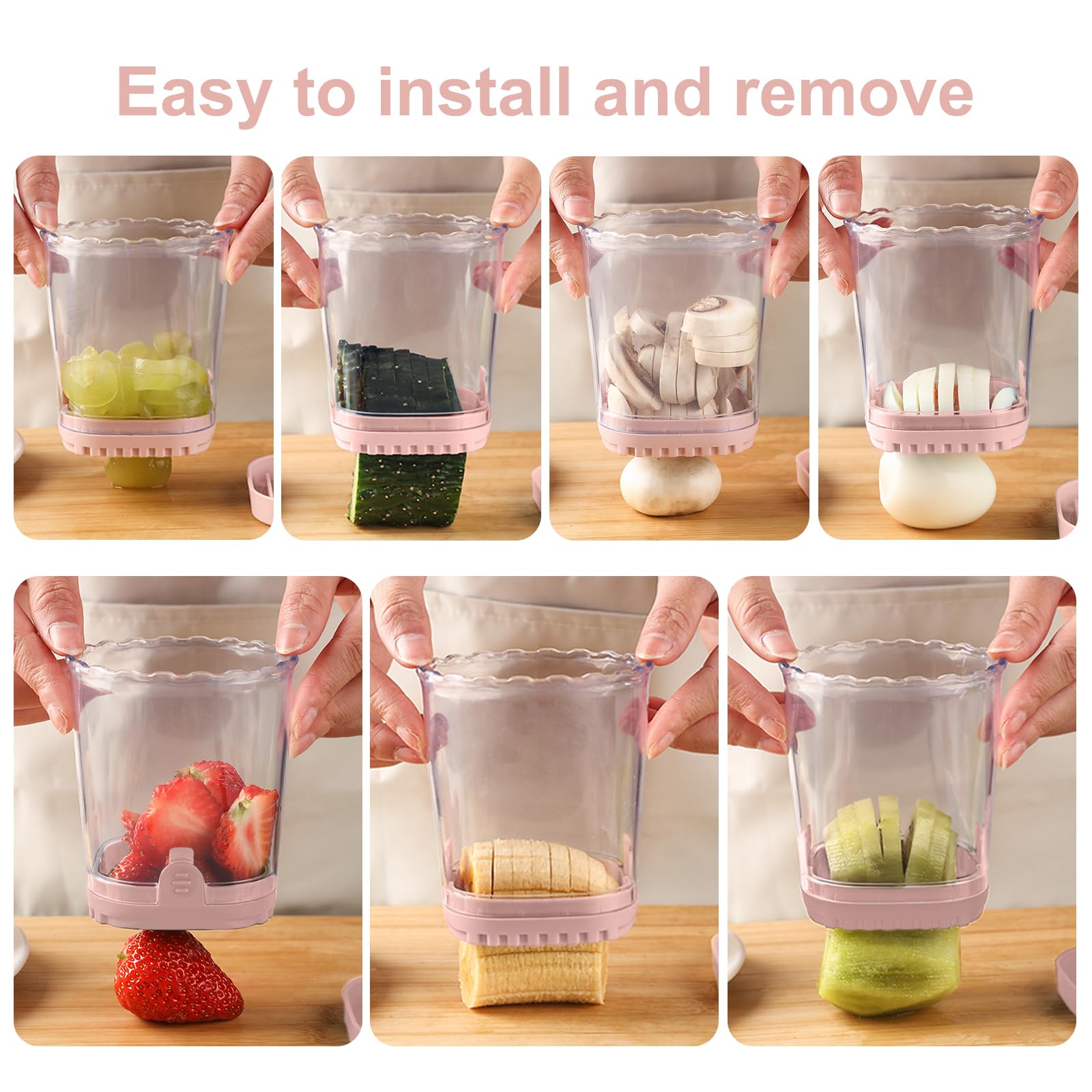 Premium Stainless Steel Fruit & Vegetable Slicer Cup - Efficient Strawberry, Banana, Egg Cutter with Push Plate - Kitchen Gadget for Smoothies, Salads & Meal Prep (Pink)