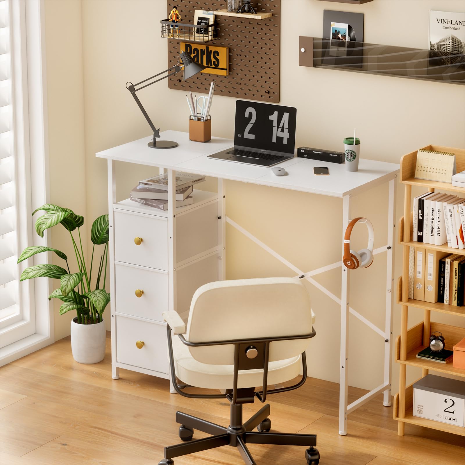 White Vanity Desk Without Mirror - Small Makeup Table with 3 Fabric Drawers & Storage Hook - 35.4 Inch Dressing Table for Small Spaces - Perfect for Bedroom, Apartment & Dorm Room Organization
