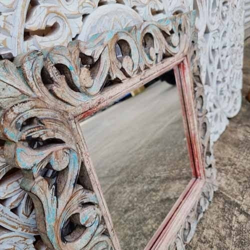 Hand Carved Indian Solid Wood Wall Mirror with Floral Pattern - Rustic Decor 56x66cm - Perfect for Living Room, Bedroom, or Entryway Décor
