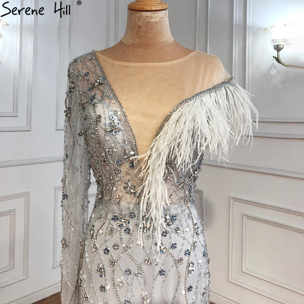 Elegant Grey Mermaid Evening Gown with Feather & Beaded Details - Women's Luxury Party Dress for Prom, Gala & Special Occasions