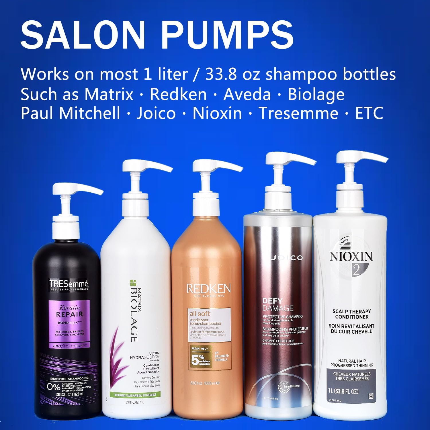 5 Pack Universal Leakproof Dispenser Pumps for Shampoo & Conditioner Bottles (1L/33.8oz) - White Salon-Grade Refillable Liquid Dispensers for Home, Salon & Travel Use