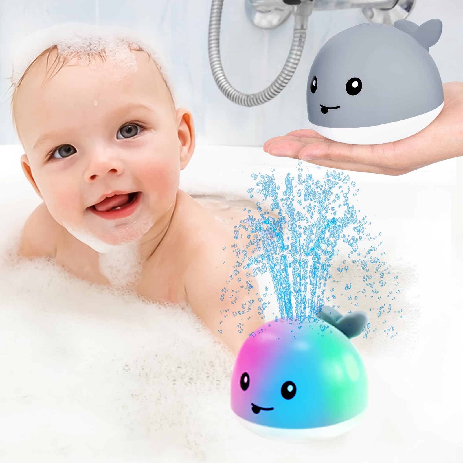 Rechargeable Light Up Baby Bath Toys with Water Spray - Fun Sprinkler Bathtub Toys for Toddlers, Kids, Boys & Girls - Perfect for Pool, Bath Time & Sensory Play (Grey)