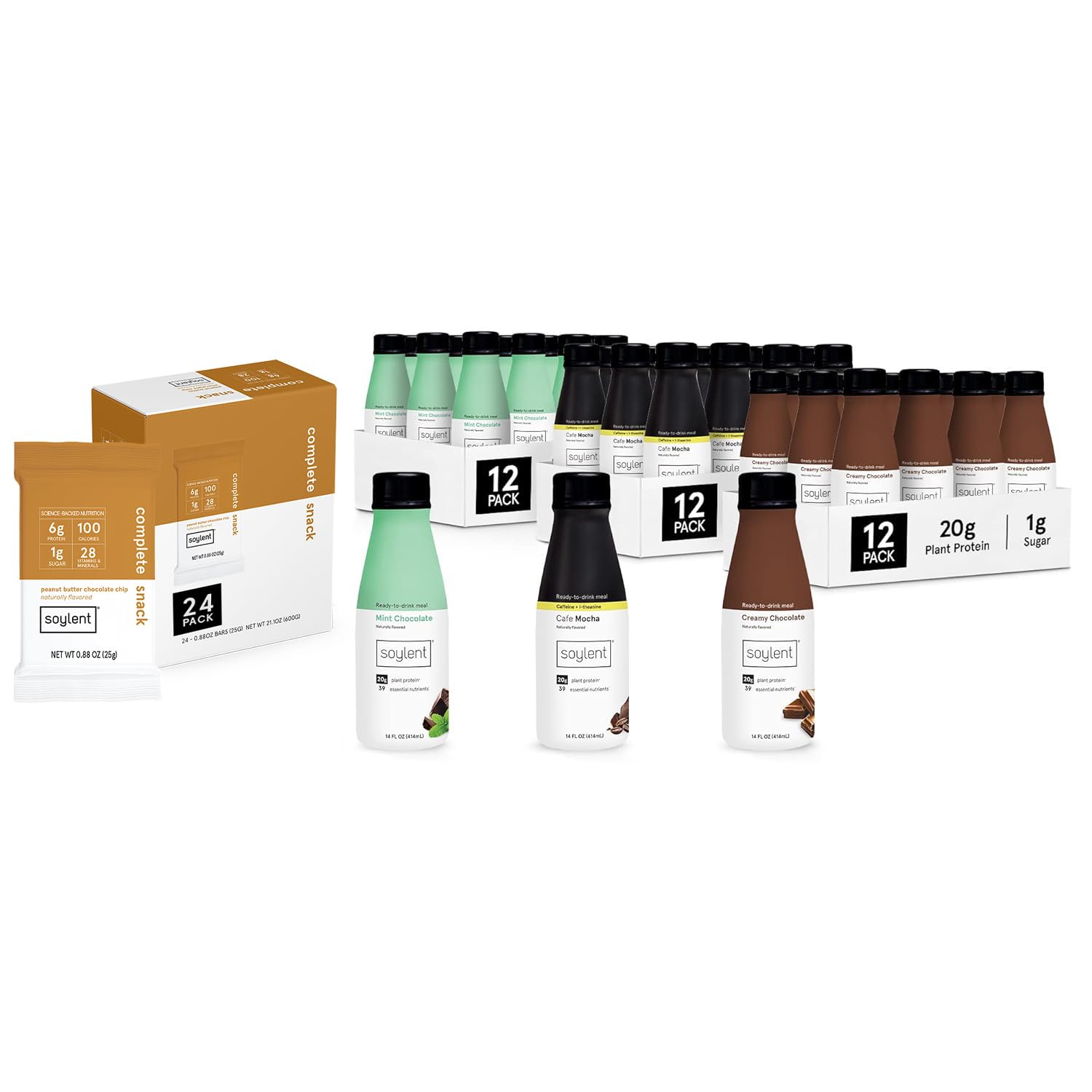 Soylent Favorites Bundle - 12 Creamy Chocolate, 12 Mint Chocolate & 12 Cafe Mocha 14oz Meal Replacement Shakes + 24 Peanut Butter Chocolate Chip Snack Bars | High Protein Nutrition for Busy Professionals, Gym Recovery & On-the-Go Meals