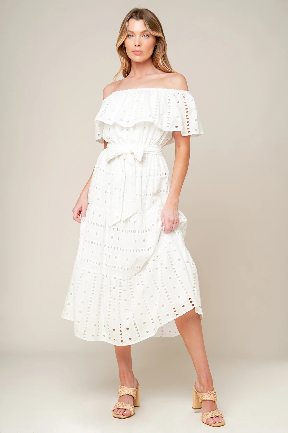 Breathable Eyelet Midi Dress for Women - Summer Floral Boho Dress with Short Sleeves - Perfect for Beach, Vacation & Casual Outings