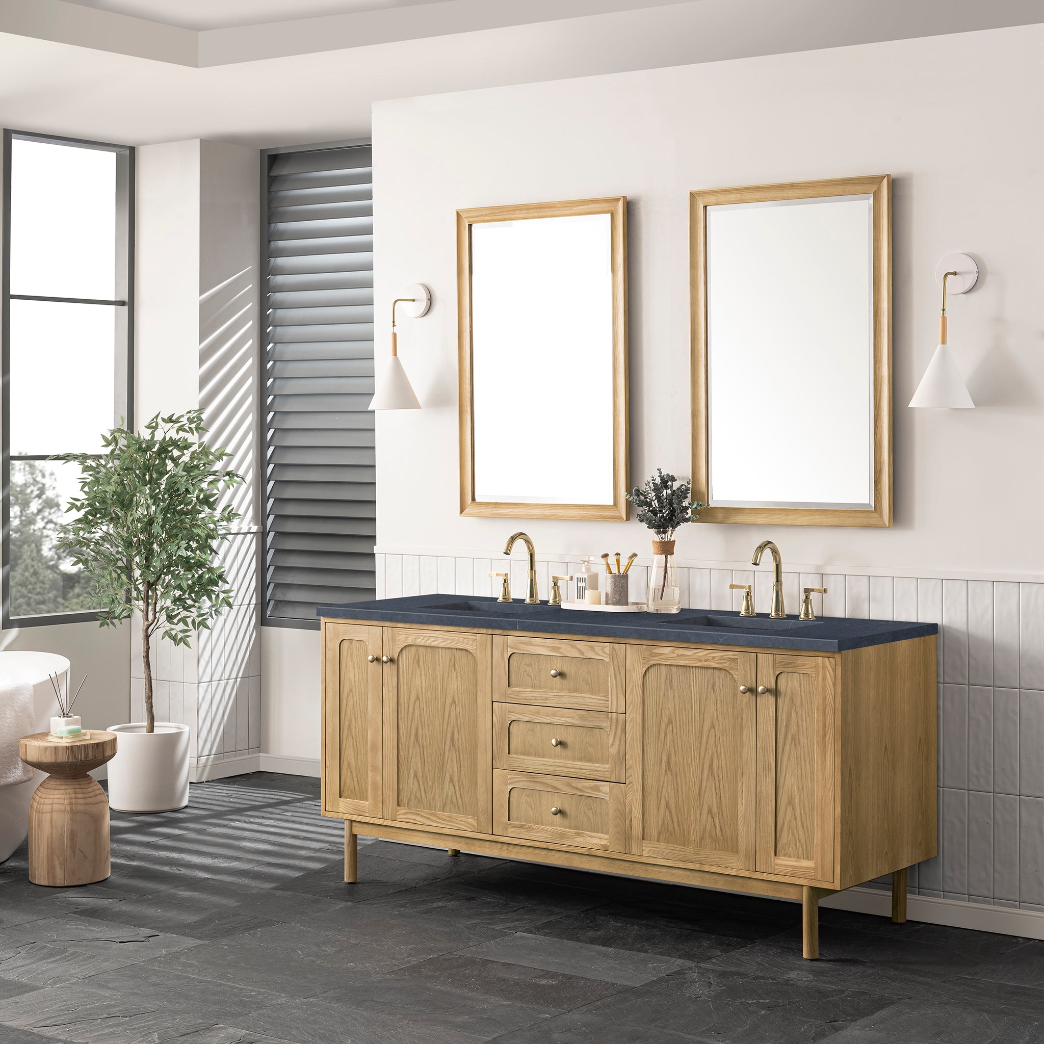 Laurent 72 Inch Double Vanity with Light Natural Oak Finish and 3CM Charcoal Soapstone Top - Modern Bathroom Vanity for Master Bath or Guest Bathroom