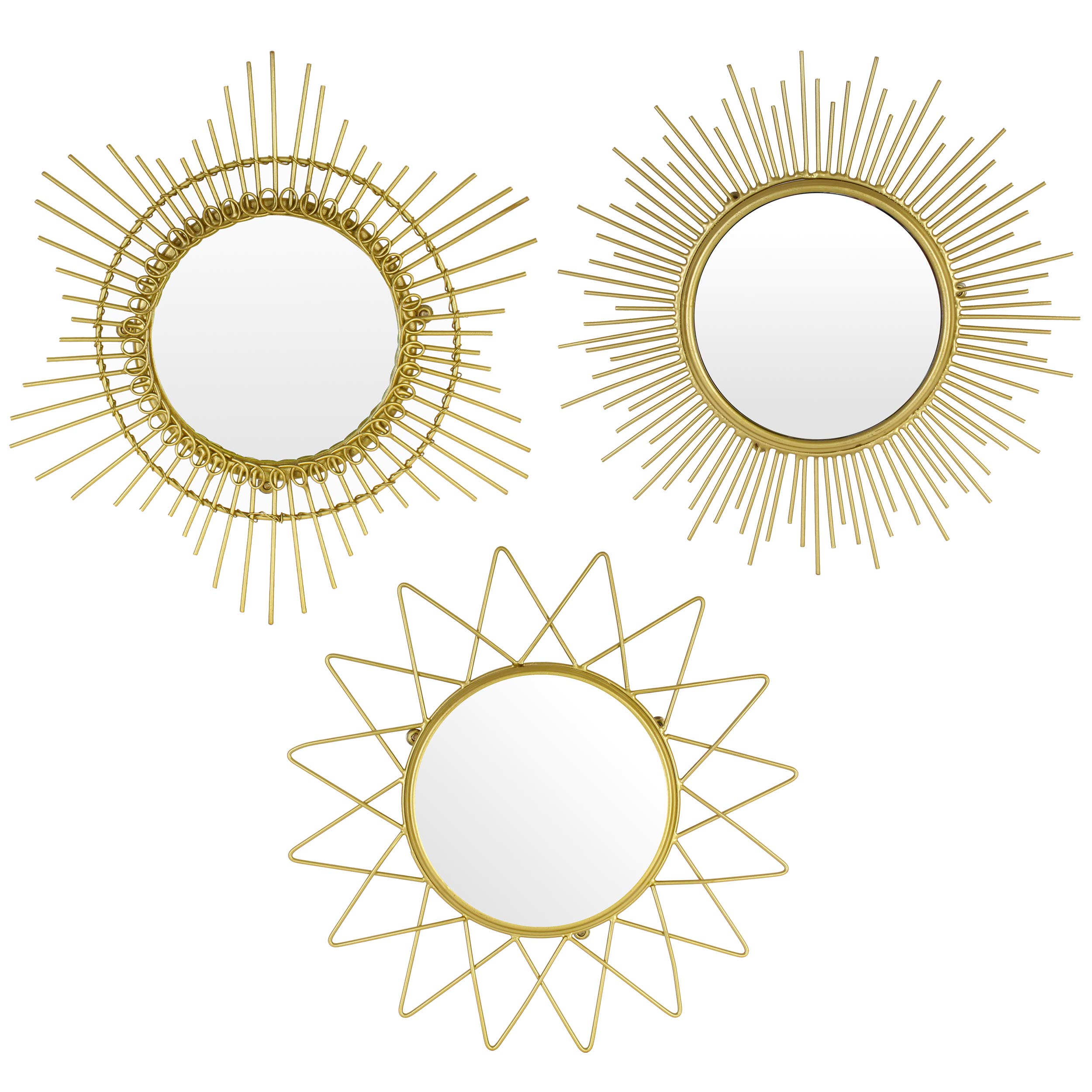 Kimisty Set of 3 Gold Sunburst Wall Mirrors - 12 Inch Boho Decor, Starburst Mirror for Bedroom, Living Room & Bathroom Decoration