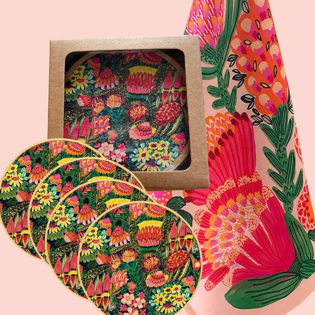 Grevillea Garden Tea Towel & Australian Wooden Coaster Gift Set - Premium Kitchen & Dining Accessories for Home Decor, Housewarming Gifts & Australian Souvenirs