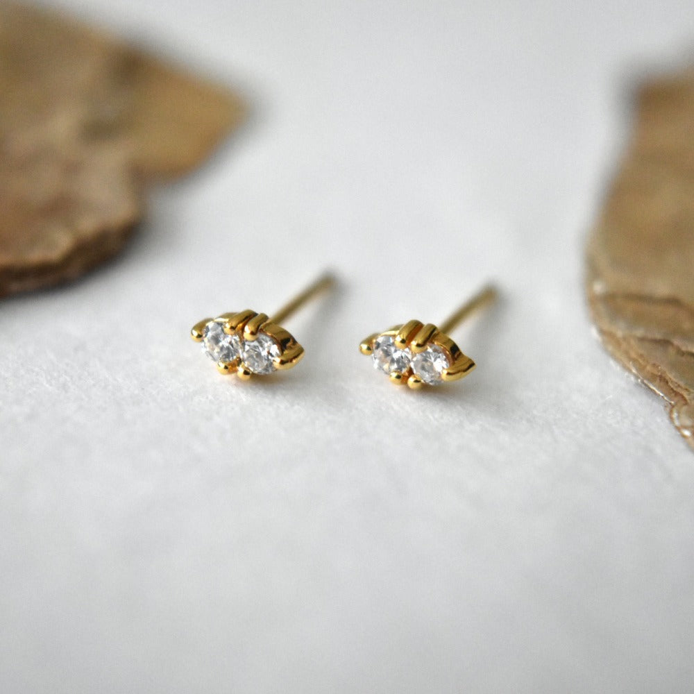 Double Tiny CZ Stud Earrings - 14K Gold Plated Cubic Zirconia Studs for Women | Perfect for Everyday Wear, Parties & Gifts