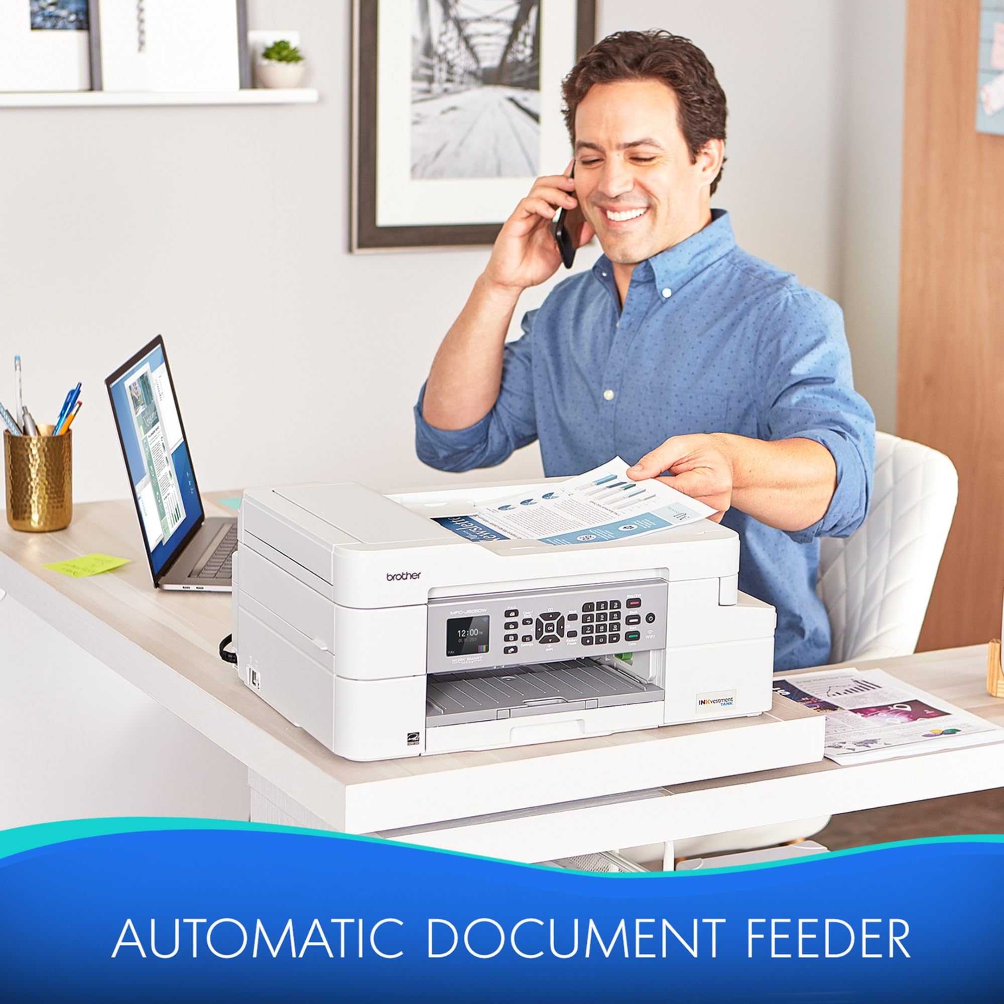 Brother MFC-J805DW Wireless Color Inkjet All-in-One Printer with Mobile Printing, Duplex Scanning & Copying, 1-Year Ink Supply, White – Ideal for Home Office & Small Business Use