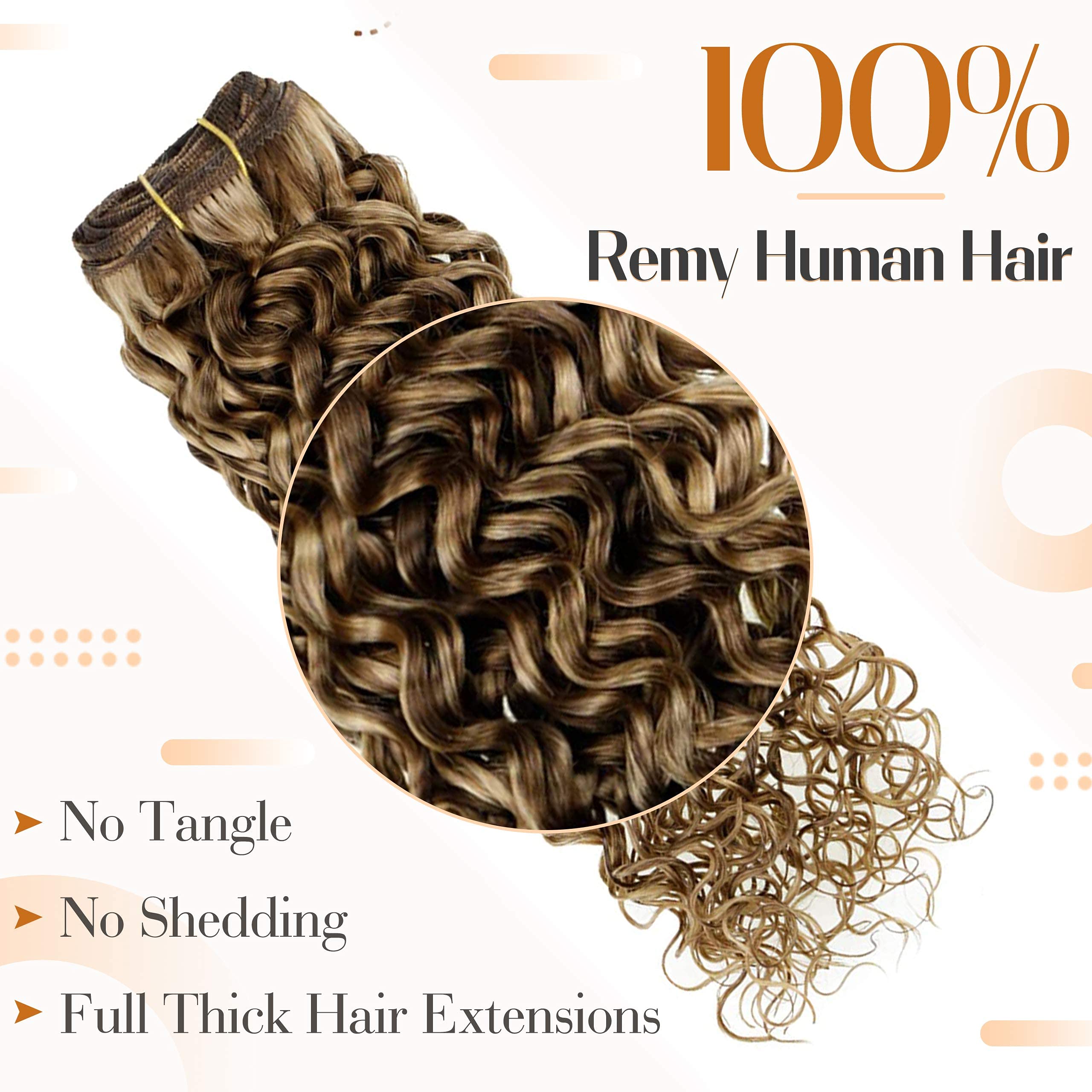 Hetto 14'' #4/27 Brown Highlights Blonde Human Hair Clip-In Extensions - Double Weft Thick Hairpieces for Curly & Straight Styles - Perfect for Parties, Weddings & Daily Styling