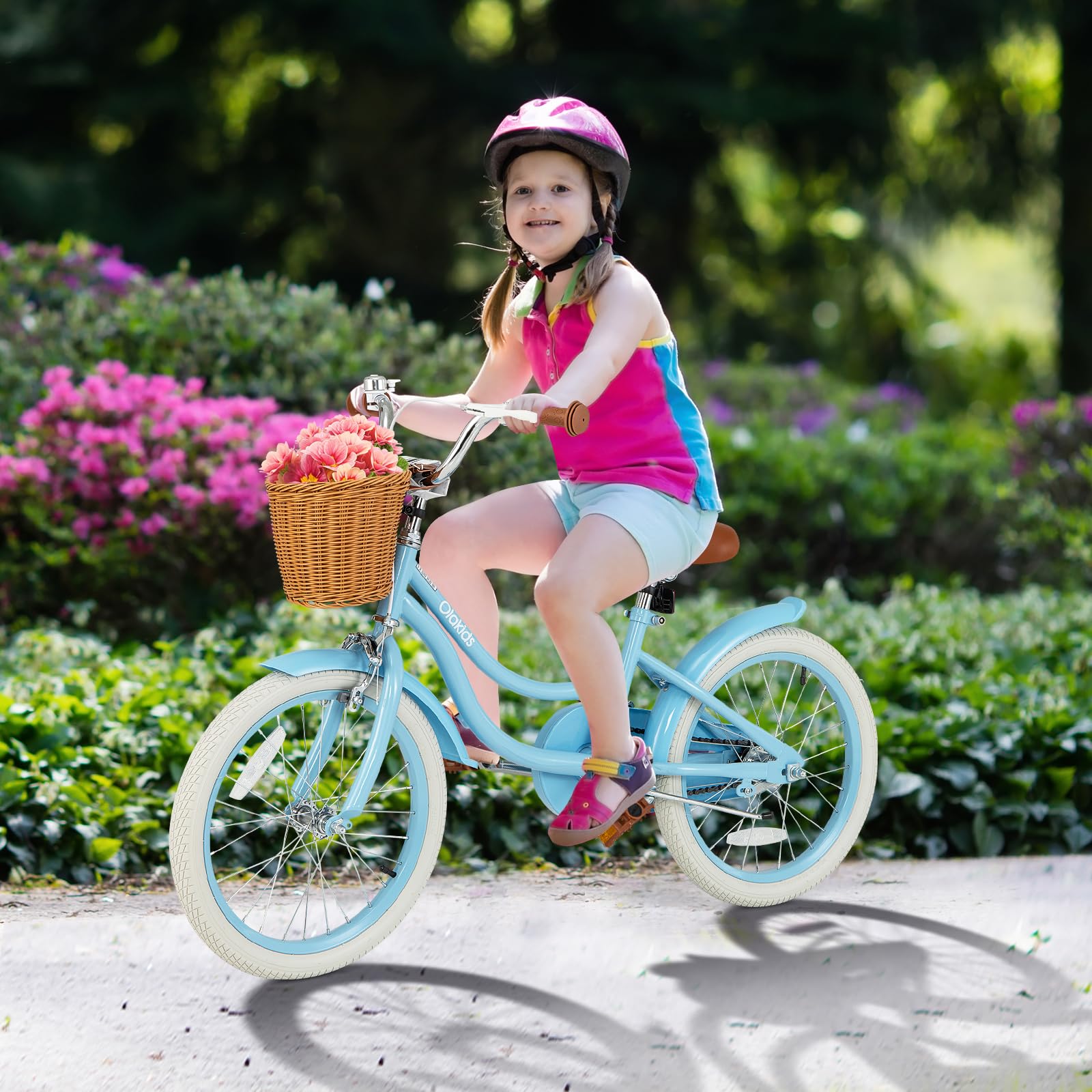 Olakids 14 16 18 Inch Kids Bike with Training Wheels - Adjustable Seat & Handlebar, Rattan Basket & Safety Bell - Toddler Bicycle for Boys Girls Ages 3-8 - Perfect for Neighborhood Rides, Park Adventures & Learning to Cycle