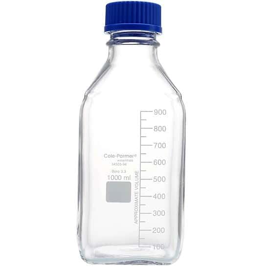 Cole-Parmer Class A Square Glass Media Bottles 1000ml with 100mL Graduation - Ideal for Laboratory Storage, Chemical Mixing & Scientific Experiments