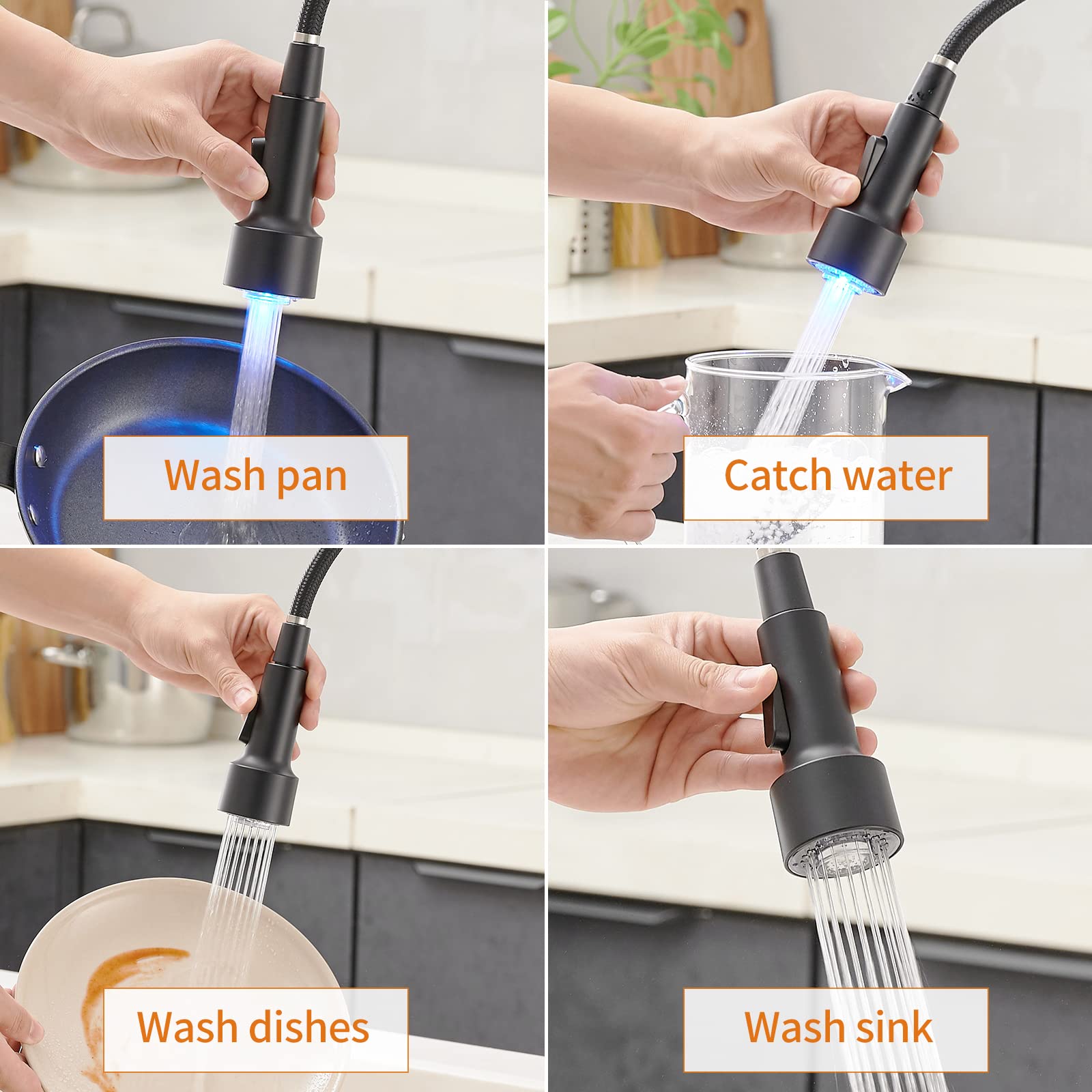 GIMILI Black and Gold Kitchen Faucet with Pull Down Sprayer - LED Light Modern Sink Faucet for Home, Restaurant & Commercial Use