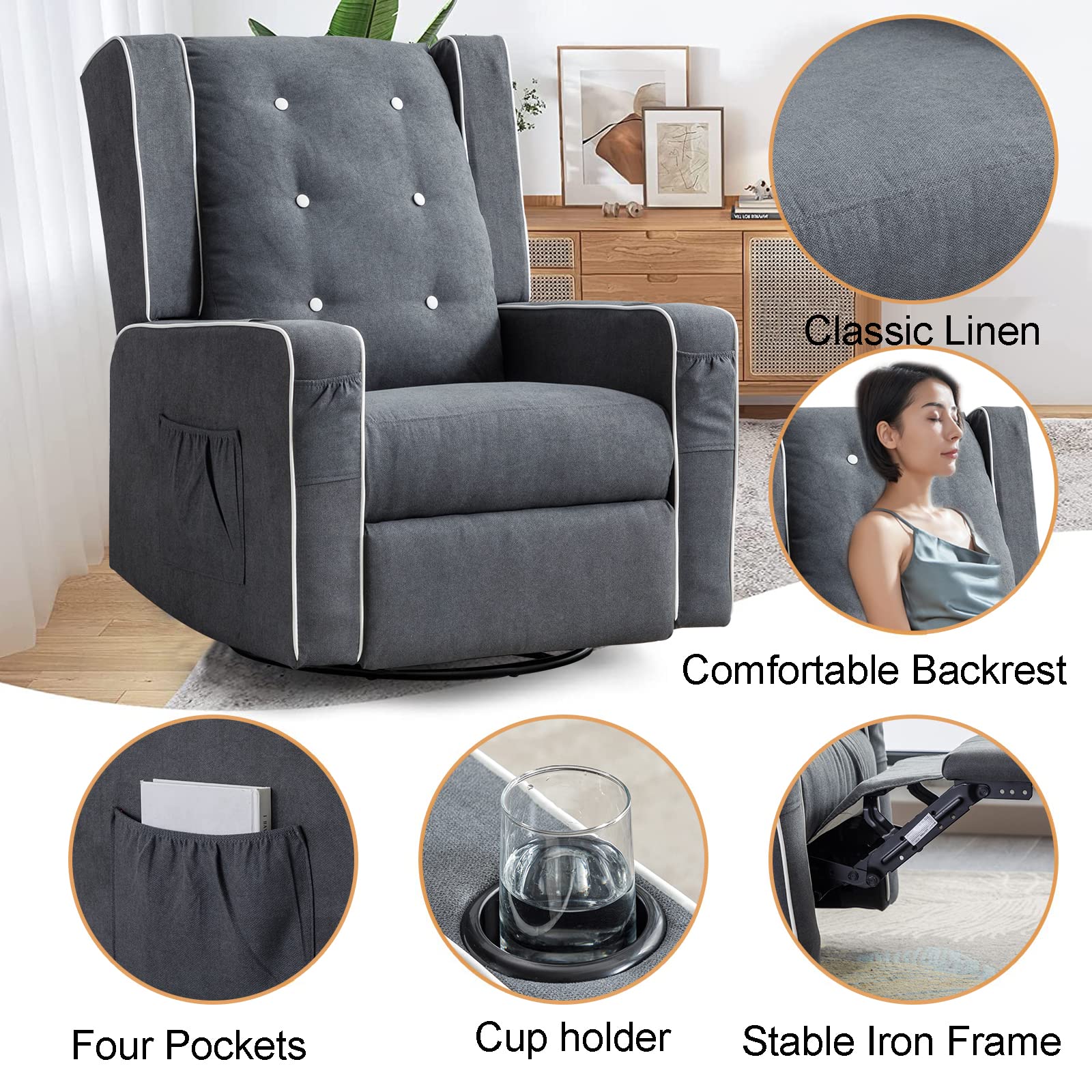 **Grey Nursery Rocking Chair - Baby Glider Rocker with Swivel & Recliner, Cup Holders & Storage Pockets - Cozy Rocking Chair for Living Room, Nursery, or Breastfeeding (1 PC)**
