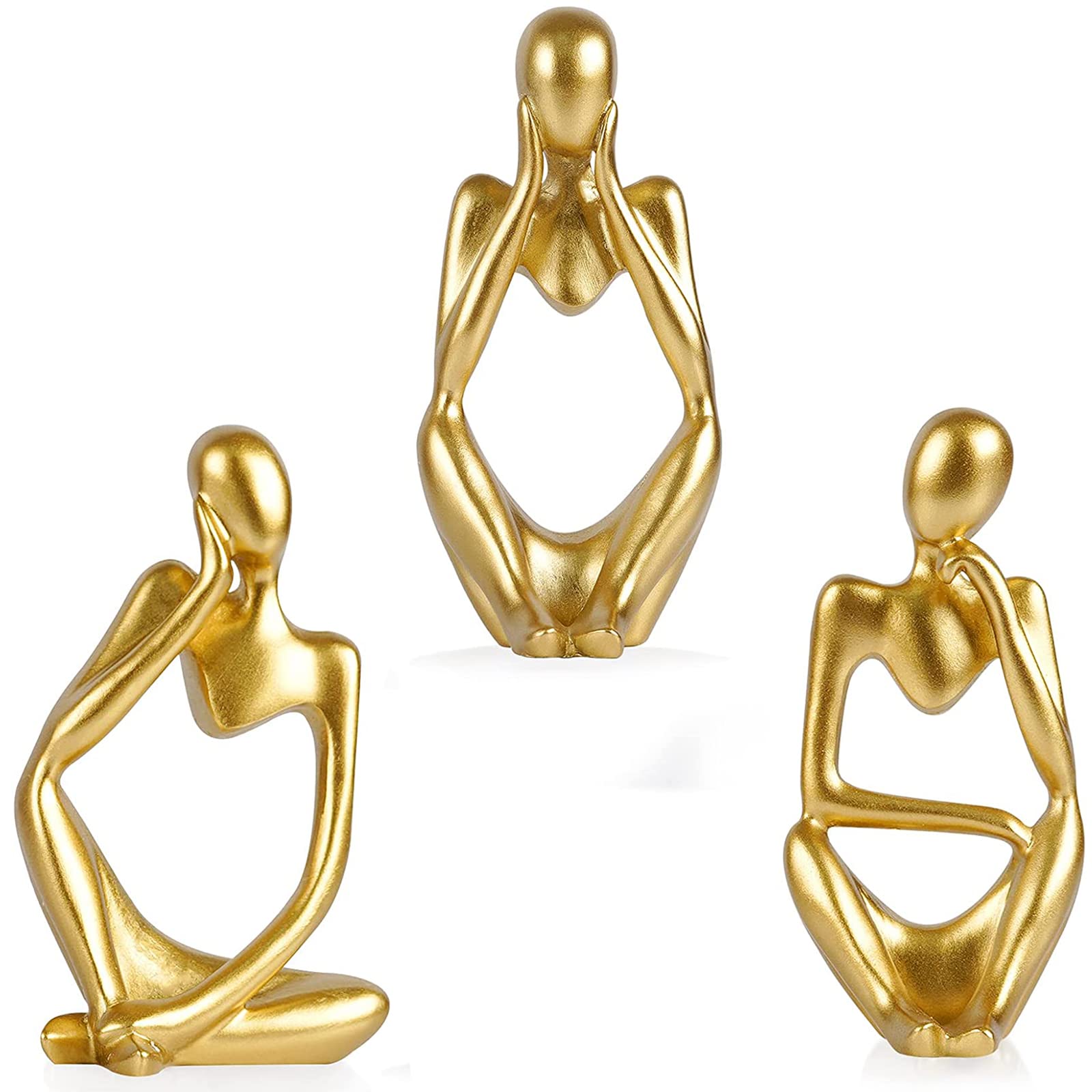 EUPXRHY Modern Golden Abstract Thinker Statue - Large Resin Sculpture for Home & Office Decor, Desktop, Shelf, Bookshelf - Set of 3 Pieces - Perfect for Living Room, Study, or Workspace Decoration