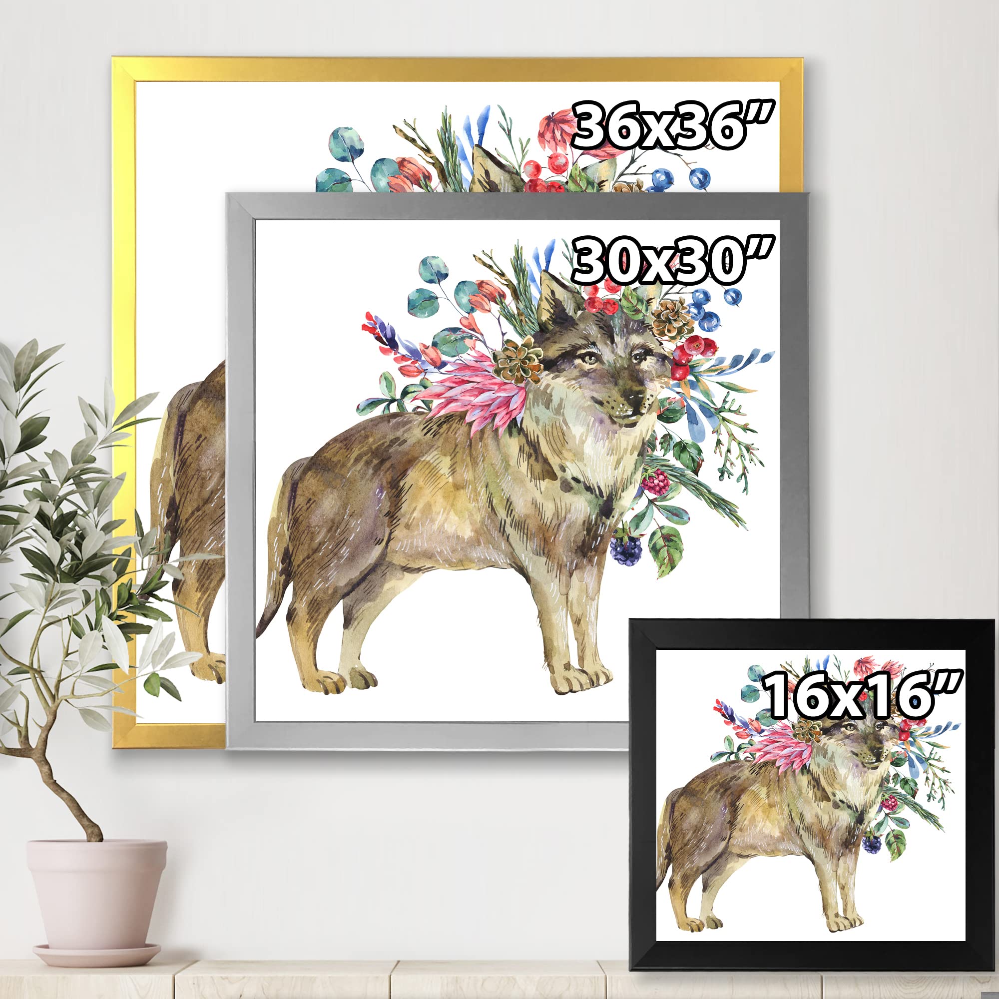 DesignQ Wolf with Woodland Flowers Framed Wall Art - Rustic Farmhouse Decor for Living Room, Bedroom & Office