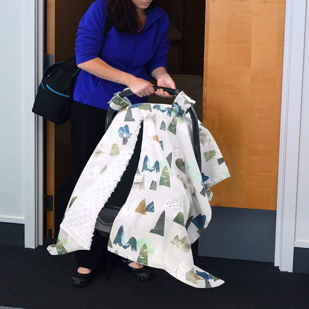 Adventure Mountain Car Seat Cover & Minky Toddler Blanket for Boys & Girls - Soft Woodland Fabric Baby Canopy for Cars, Strollers & Travel - Perfect for Road Trips, Naptime & Outdoor Adventures