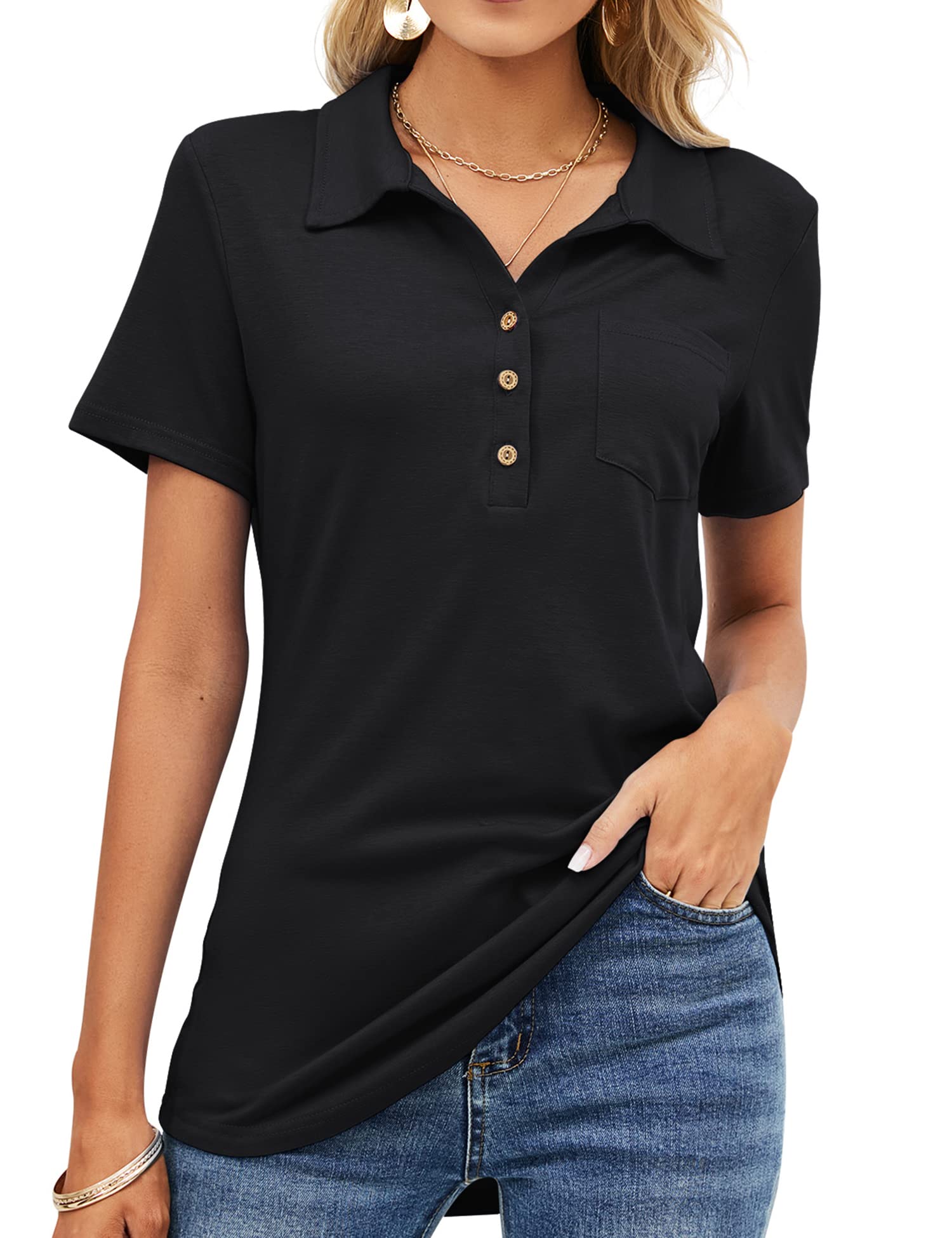 TFSDOD Women's Short Sleeve Polo Shirt - V Neck Business Casual Button Down Tunic Top with Pocket | Perfect for Office Work, Business Meetings & Smart Casual Outfits