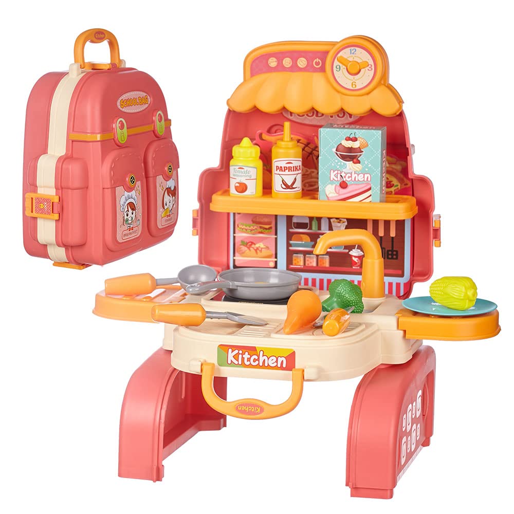 **3-in-1 Pretend Play Kitchen Toy Set for Toddlers - 21pcs Kids Cooking Play Food & Backpackable Schoolbag (Red) - Perfect for Role Play, Preschool Learning & Travel Fun**