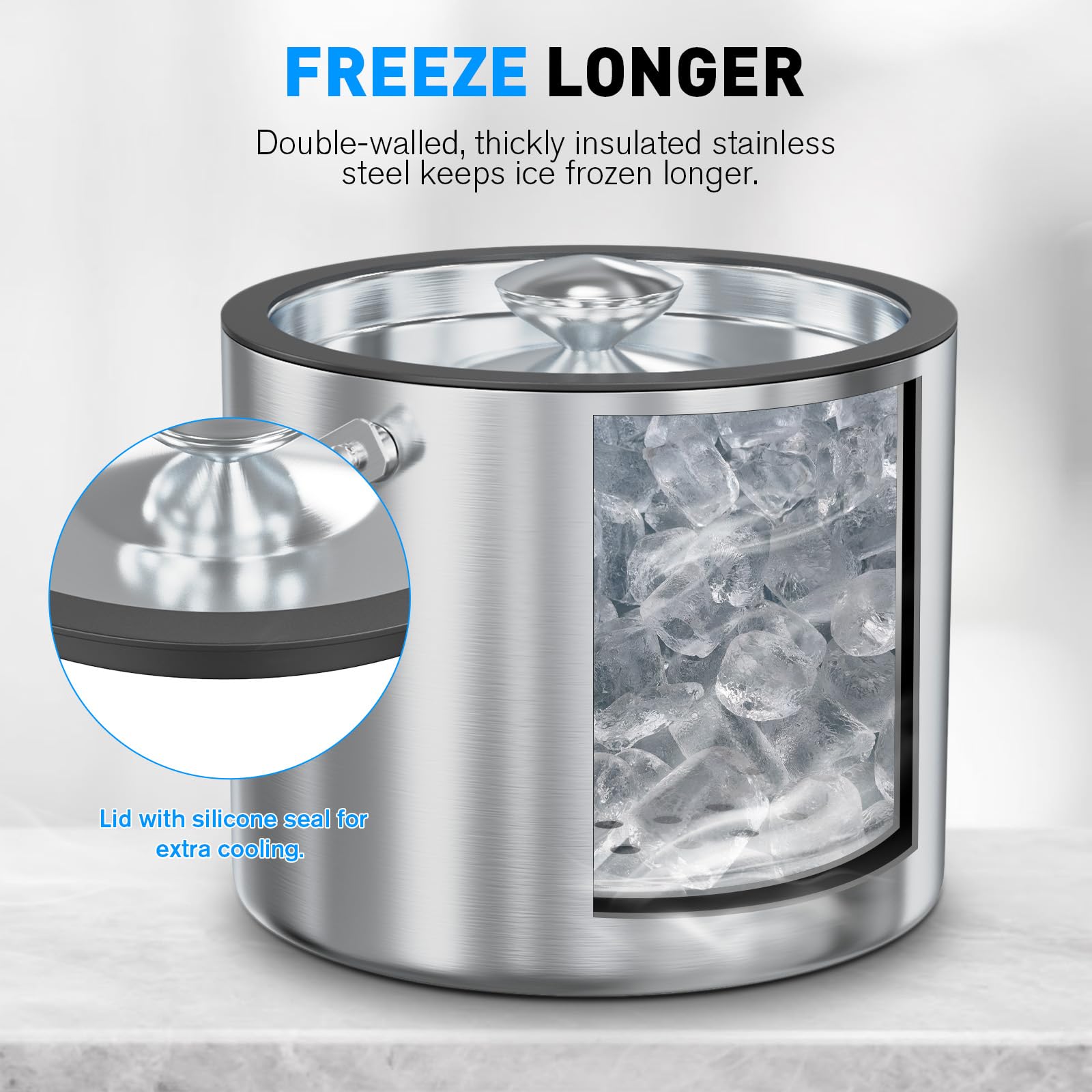 3.2 Liter Double Wall Insulated Stainless Steel Ice Bucket with Silicone Lid, Strainer & Tongs - Wine Chiller for Cocktails, Parties, Home Bar & Outdoor Entertaining