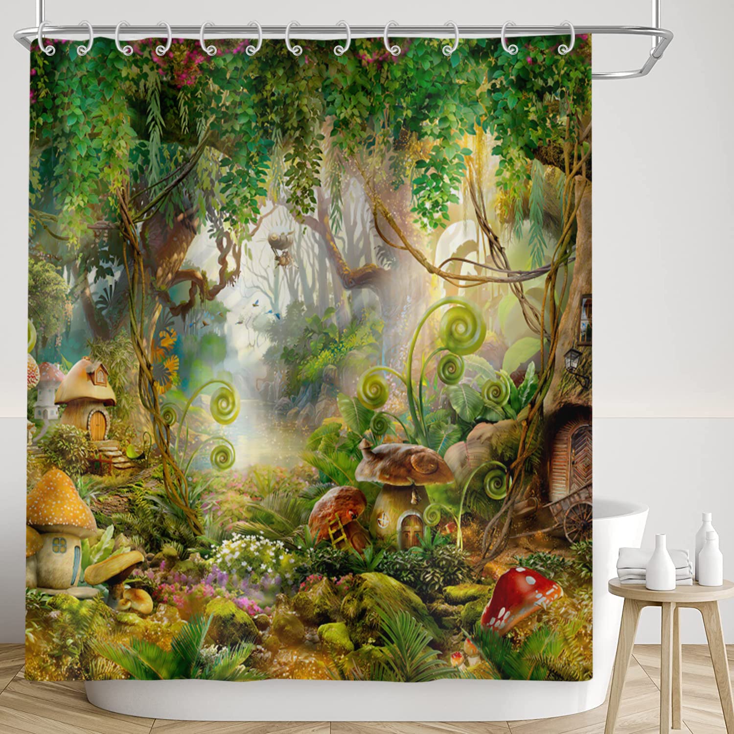 Enchanted Forest Shower Curtain - Waterproof Cartoon Magic Tale Mushroom Wonderland Bathroom Decor with Hooks, 60x72 Inches - Perfect for Kids' Bathroom, Fantasy Themed Decor & Whimsical Home Accessories