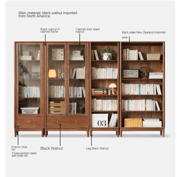 Solid Black Walnut & Oak Wood Bookcase - Customizable Wall-Mounted Bookshelf for Living Room, Home Office & Library Storage