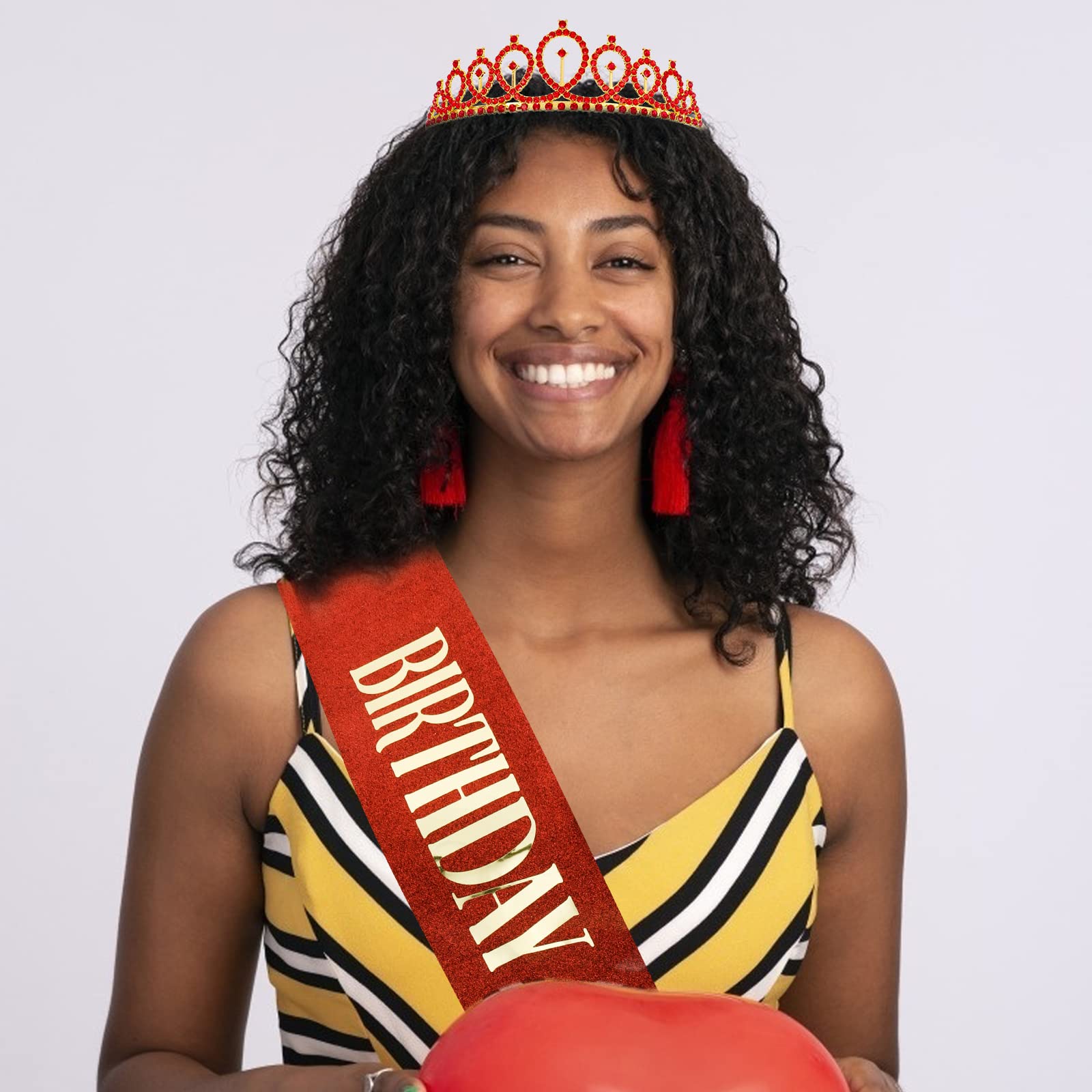 Birthday Queen Sash & Crystal Tiara Set - Elegant Red Rhinestone Crown & Glitter Sash for Women & Girls | Perfect for Birthday Parties, Bachelorette, Pageants & Special Celebrations
