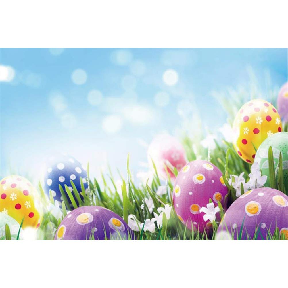 Laeacco 10x7ft Spring Easter Photography Backdrop - Colorful Painted Easter Eggs, Abstract Bokeh Halo with Grassland Flowers Design - Perfect for Easter Egg Hunts, Community Parties, Child & Adult Portrait Photo Shoots - Durable Photo Background for Easter Celebrations