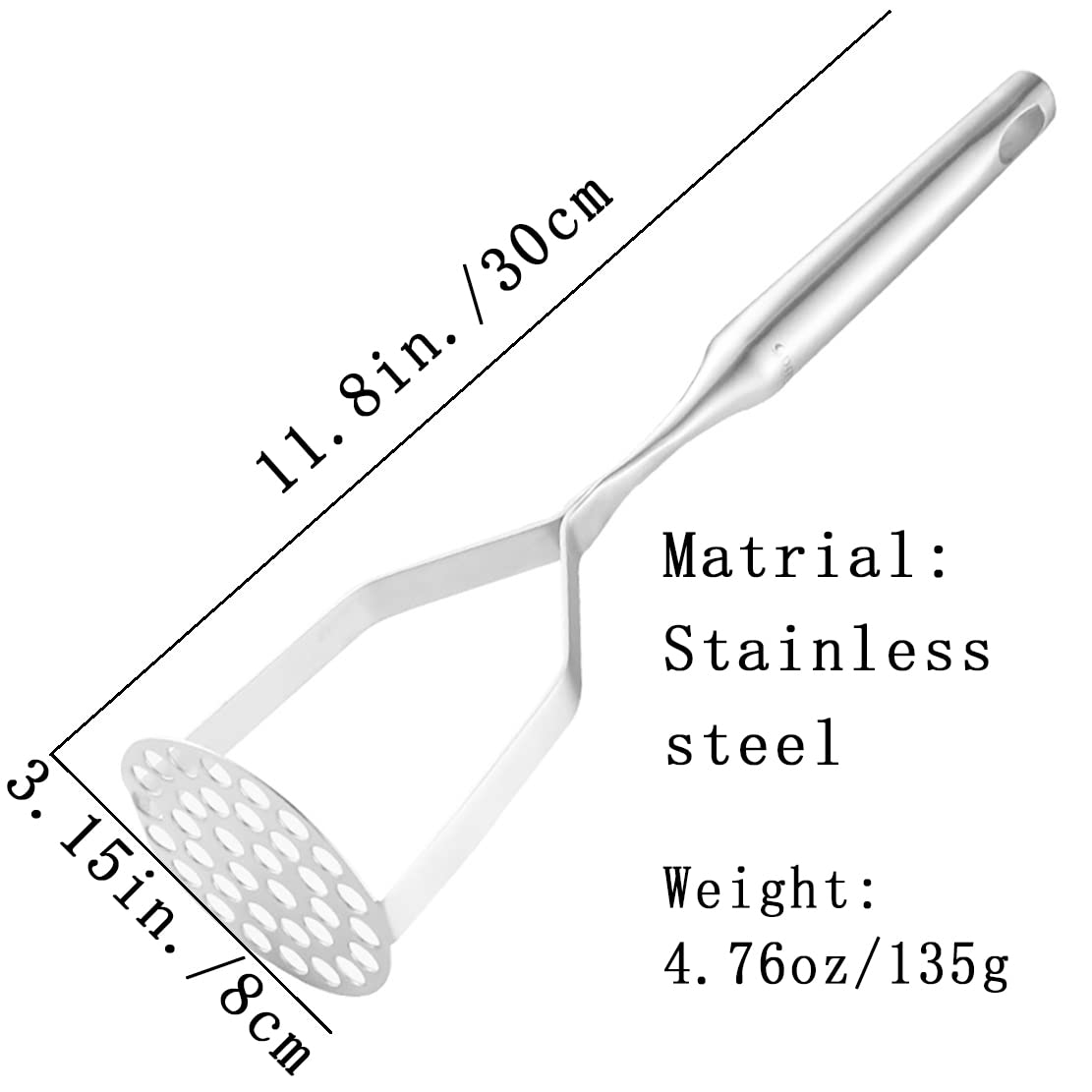 Premium Stainless Steel Potato Masher - Heavy Duty Manual Potato Press for Smooth Mashed Potatoes - Ideal for Kitchens, Restaurants & Holiday Cooking