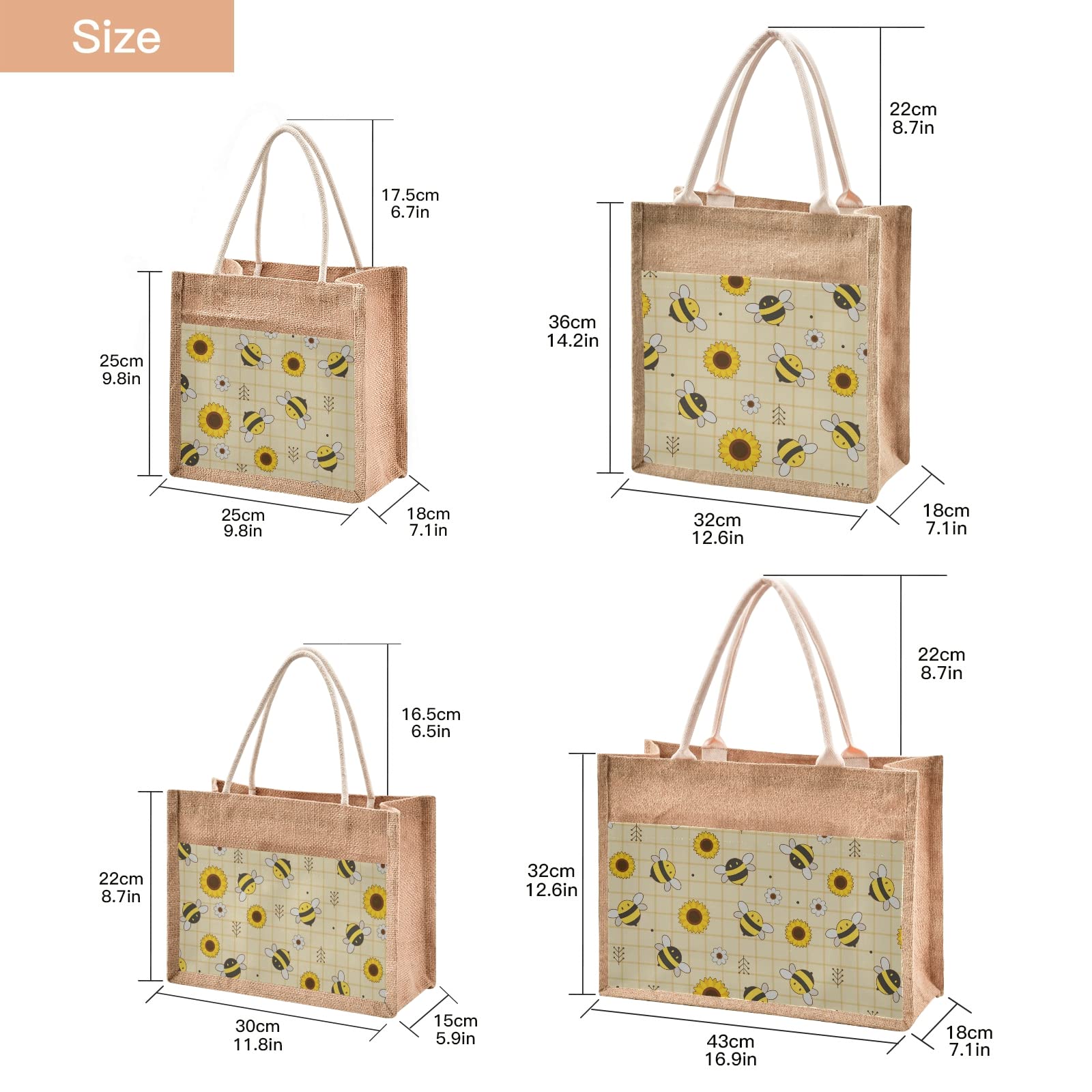 Stylish Cute Bee Sunflower Jute Tote Bag with Zipper & Handles - 12x9 Inch Reusable Canvas Shopping Grocery Bag for Women - Perfect for Travel, Picnic, Beach & Farmers Market