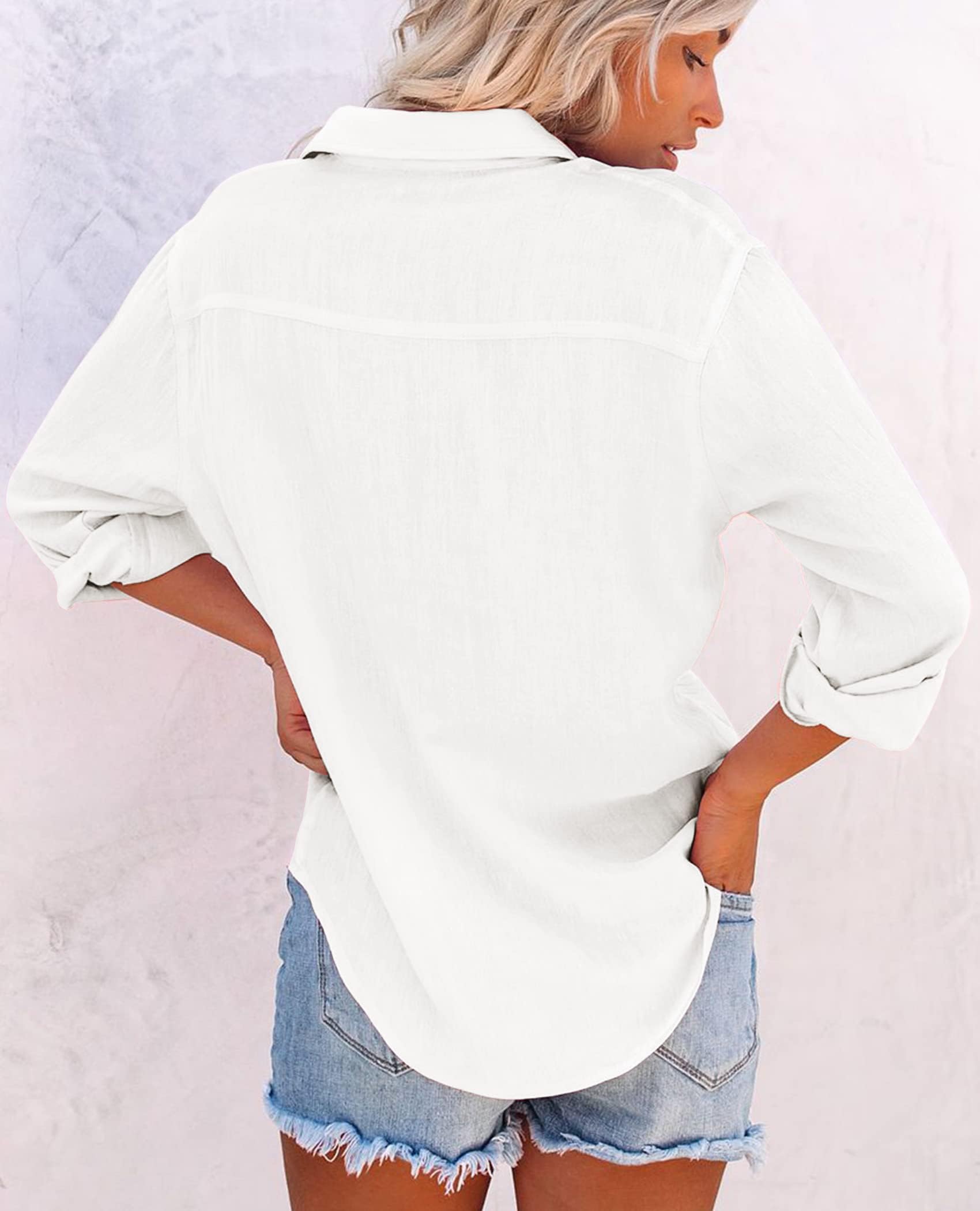 Siliteelon Women's Cotton Button Down Shirts - Long Sleeve V-Neck Blouse with Pockets | Casual Office Wear & Everyday Tunic Top for Work & Outings