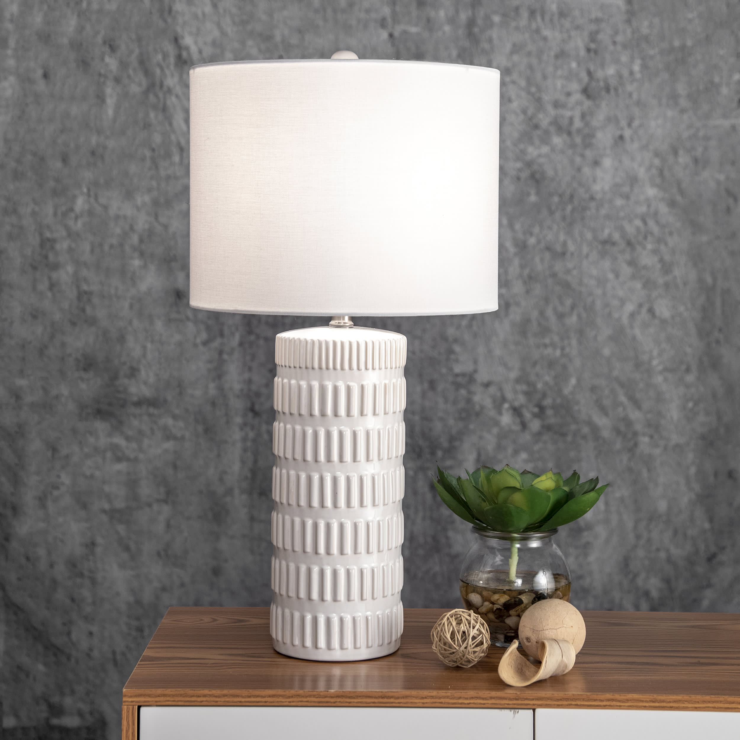 25 Inch White Tangela Ridged Ceramic Table Lamp - Modern Home & Office Lighting for Living Room, Bedroom, or Study Desk Decor
