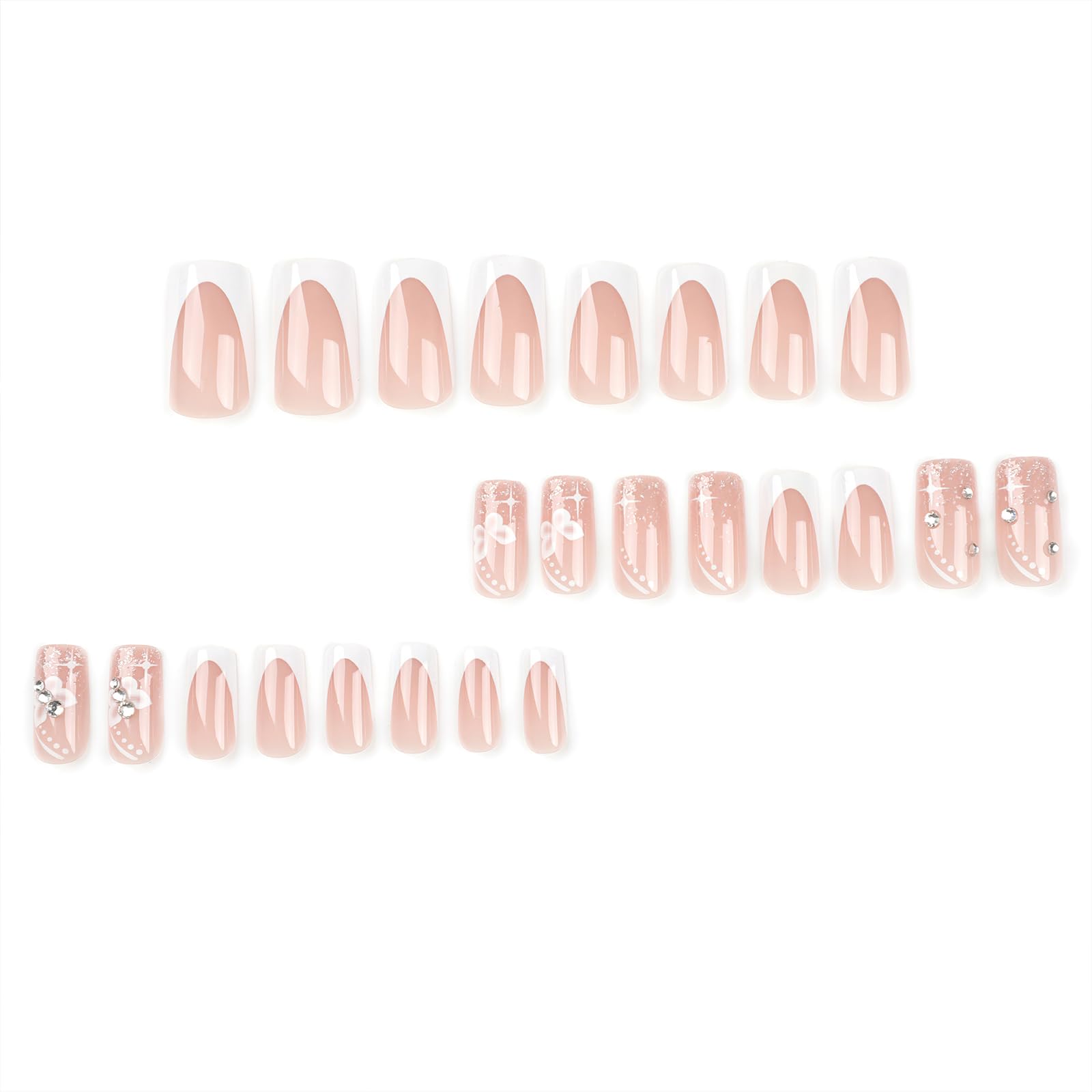 24Pcs French Tip Press on Fake Nails - Medium Square Glossy Full Cover False Nails with Butterfly Rhinestone Designs, Cute White French Manicure Glue on Nails for Women & Girls | Perfect for Parties, Weddings, Date Nights & Special Occasions